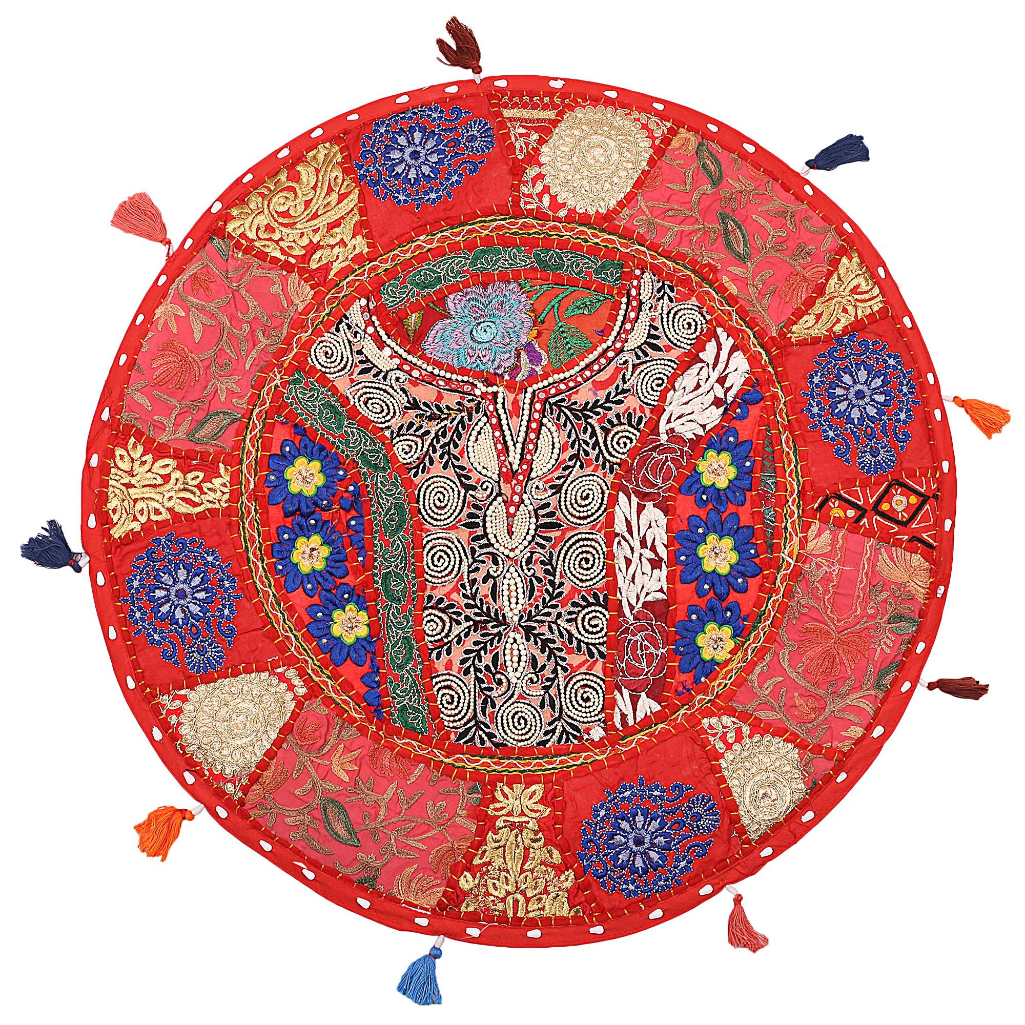 Indian Floor Pillow Cushion Vintage Patchwork Cover Yoga Seating Round Red 22" Big Throw Pillows for Floor Decorative Decor Tuffet Seat Pouf Cover Footstool Cotton Embroidered 1 Pc