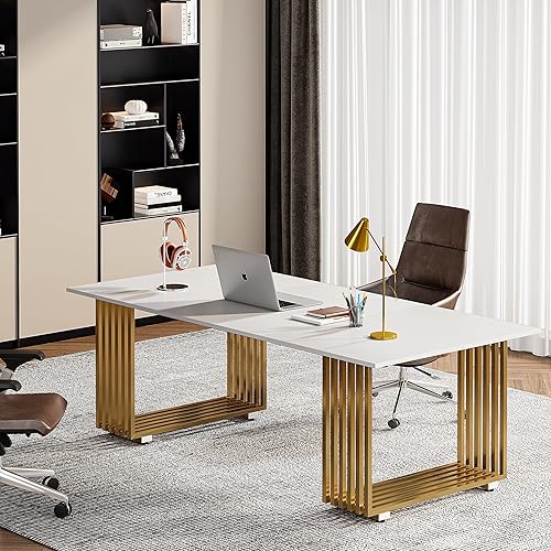 Miniatura 7 de Vagaconl 70.8 Inches Modern Dining Table for 6-8, White Gold Long Kitchen Table, Wood Rectangular Table with Gold Metal Legs, Dinner Table for