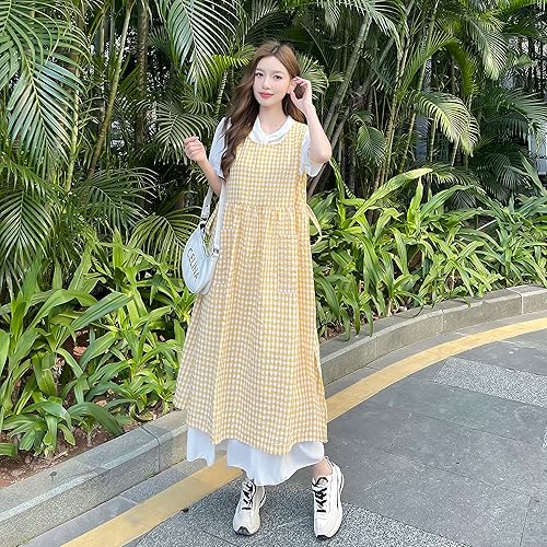 Miniatura 9 de TALIBSA Vestido de delantal a cuadros, delantal de lino de algodón japonés con espalda cruzada para mujer con bolsillos, vestido Pinafore con lazos