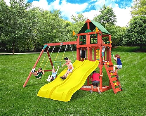 Gorilla Playsets Sweetwater - Juego de columpios de madera de lujo con dos toboganes, pared de escalada, techo de toldo y más