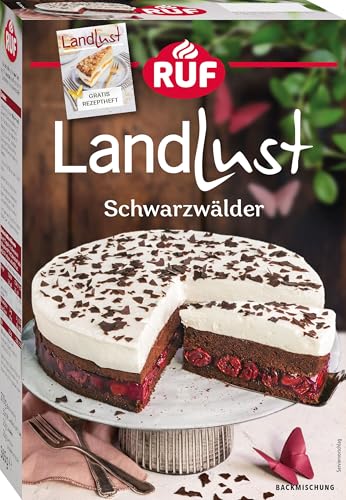 RUF Landlust Schwarzwälder Kirsch Torte, Backmischung für klassischen Kuchen mit Zartbitterschokoladenraspeln, schnell & einfach zubereitet, inkl. gratis Rezeptheft