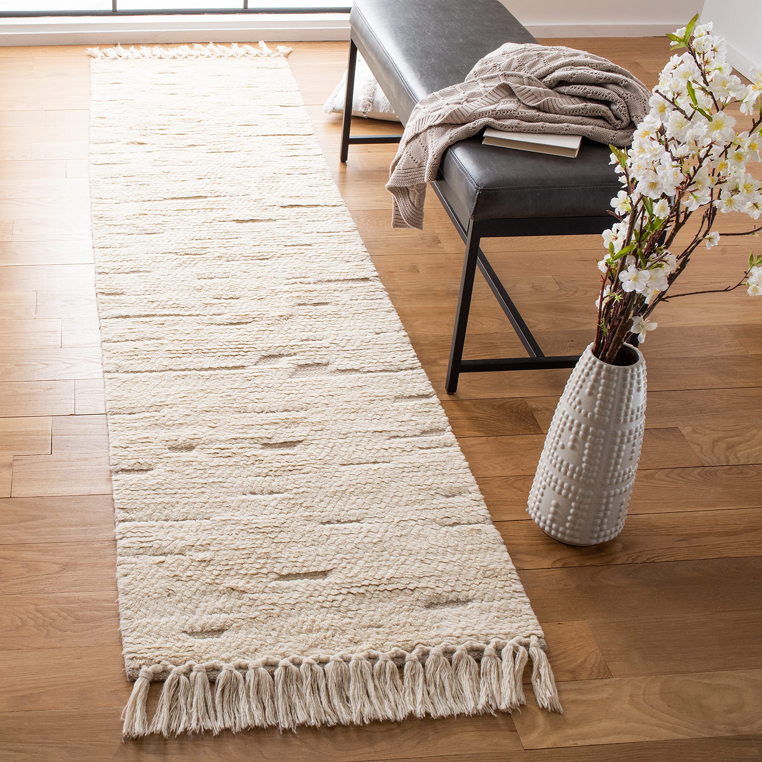 SafaviehCasablanca Collection Runner Rug - 2'3" x 8', Ivory, Handmade Moroccan Tassel Wool, Ideal for High Traffic Areas in Living Room, Bedroom (CSB454A)