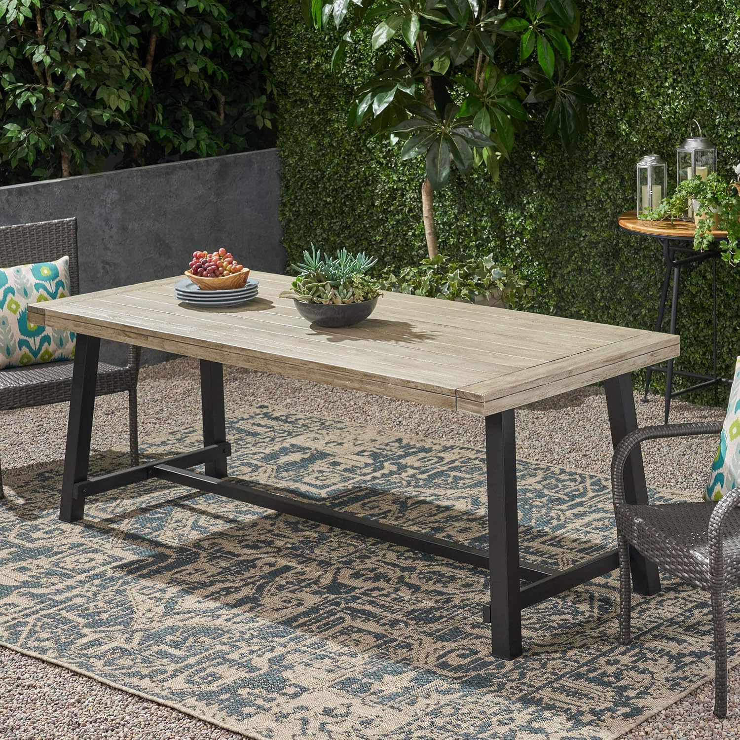 Sleek Acacia Wood & Metal Frame Outdoor Dining Table, Light Gray/Black