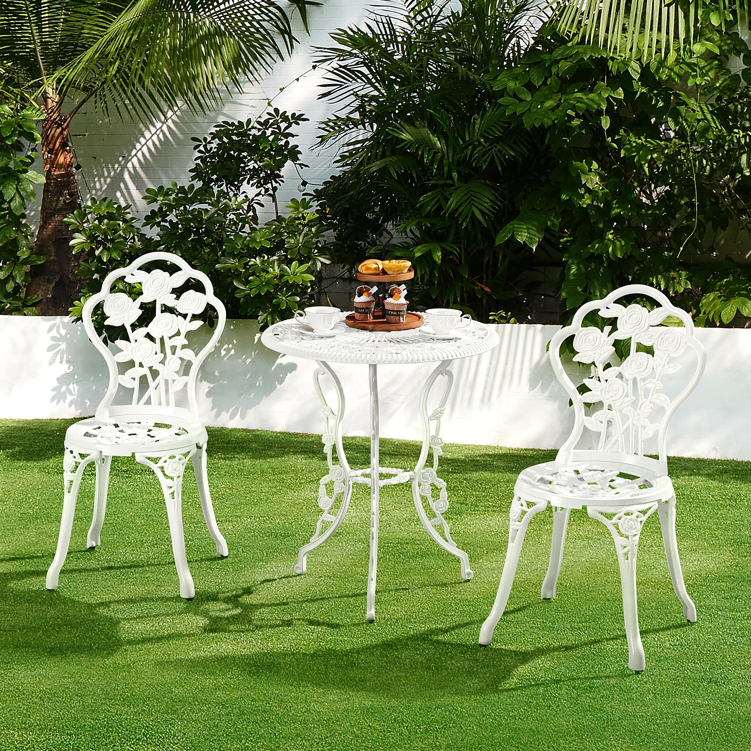 Yaheetech Conjunto de Mesa y Sillas Exterior Vintage Juegos de Muebles de Jardín de Aluminio Una Mesa con Dos Sillas para Balcón Blanco