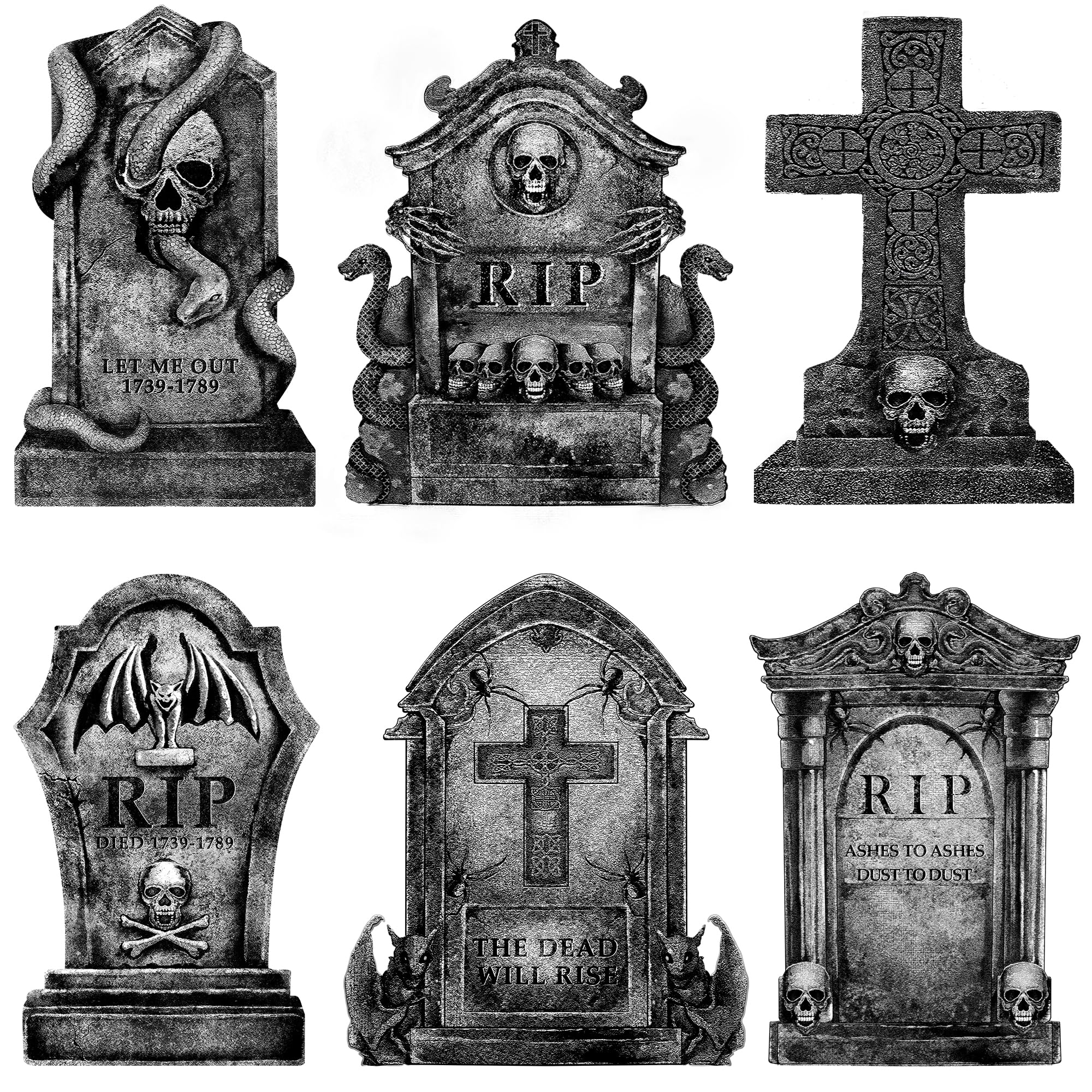 Halloween Decorations Outdoor Graveyard Tombstones: 6ct Large Tombstone Halloween Decor Yard Signs with Stakes, 16" Realistic Scary Skeleton RIP Cemetery Gravestones for Yard Lawn Outside Home Party