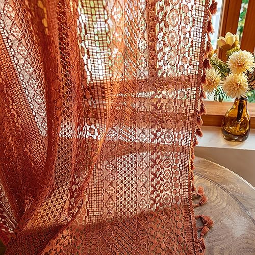 Miniatura 10 de Cortinas bohemias de ganchillo para dormitorio, cortinas de algodón para cafetería, 45 pulgadas de largo, 2 paneles, cortinas bohemias de encaje