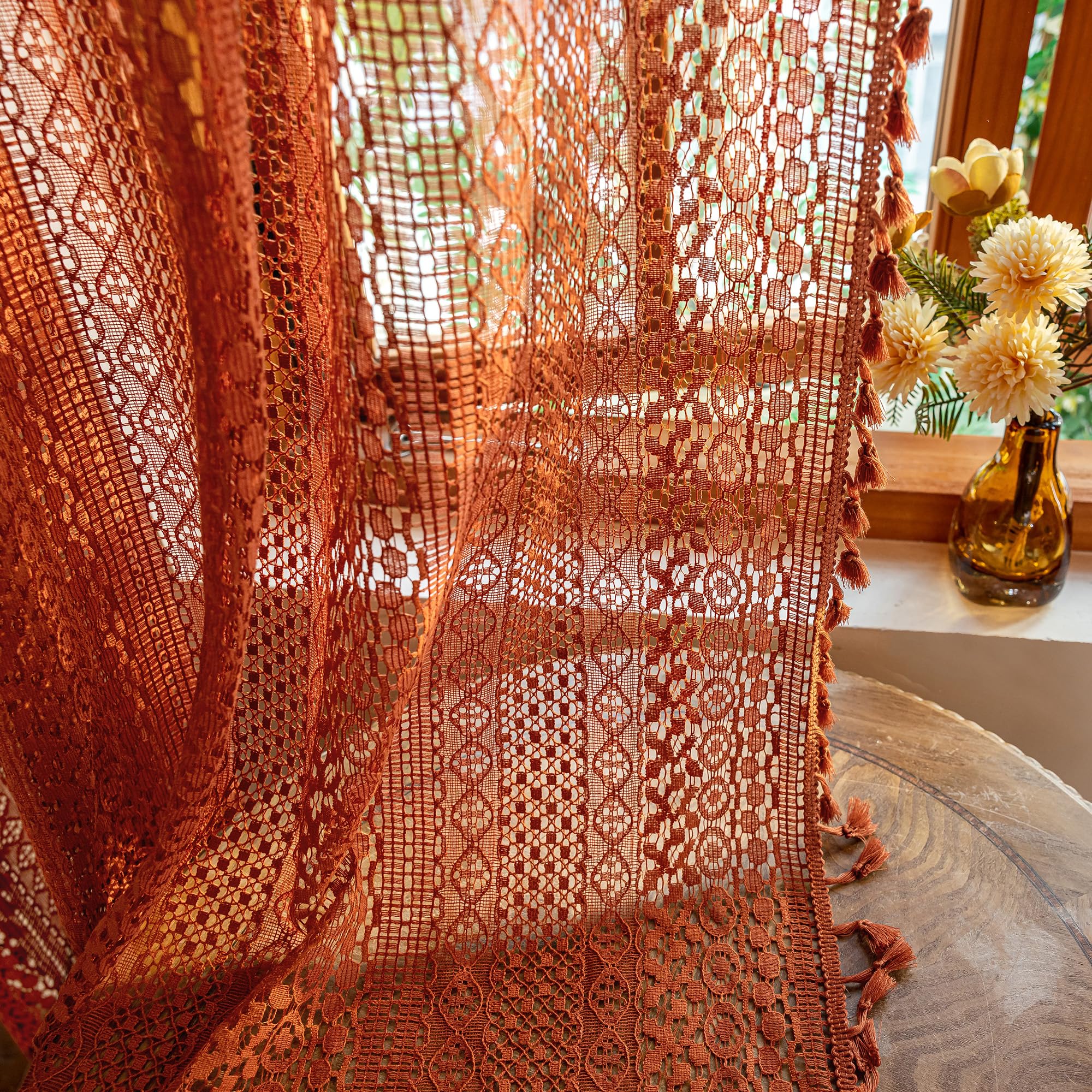 WAZZIO Orange Fall Colors Bedroom Living Room Curtains 102 Inches Long - 2 Panel Set, Rod Pocket & Tassel Trim, Bohemian Western Retro Style, Light Filtering Drapes Art Deco