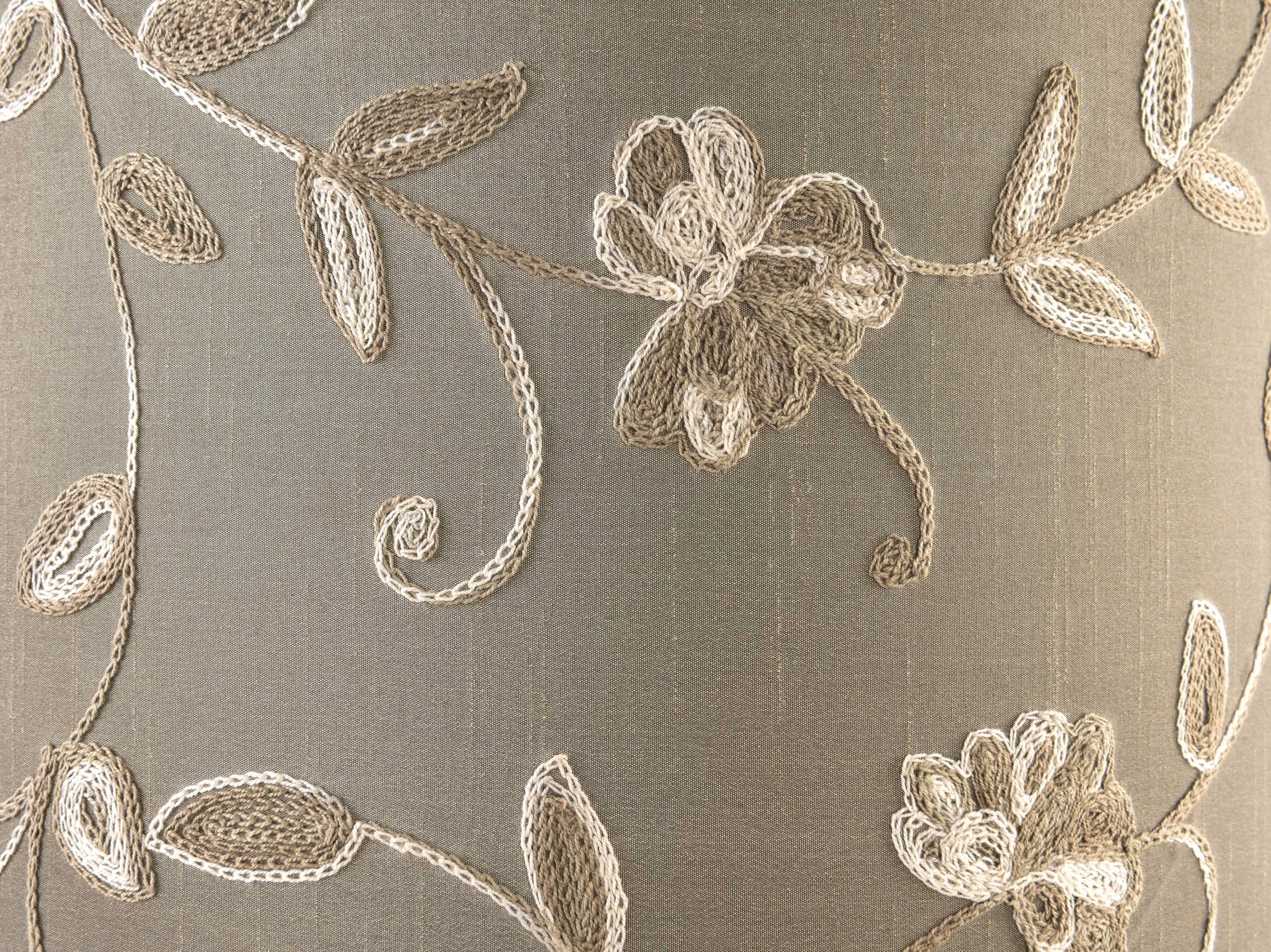 Creme Fabric Drum Lamp Shade with Embroidered Leaf Trim 13