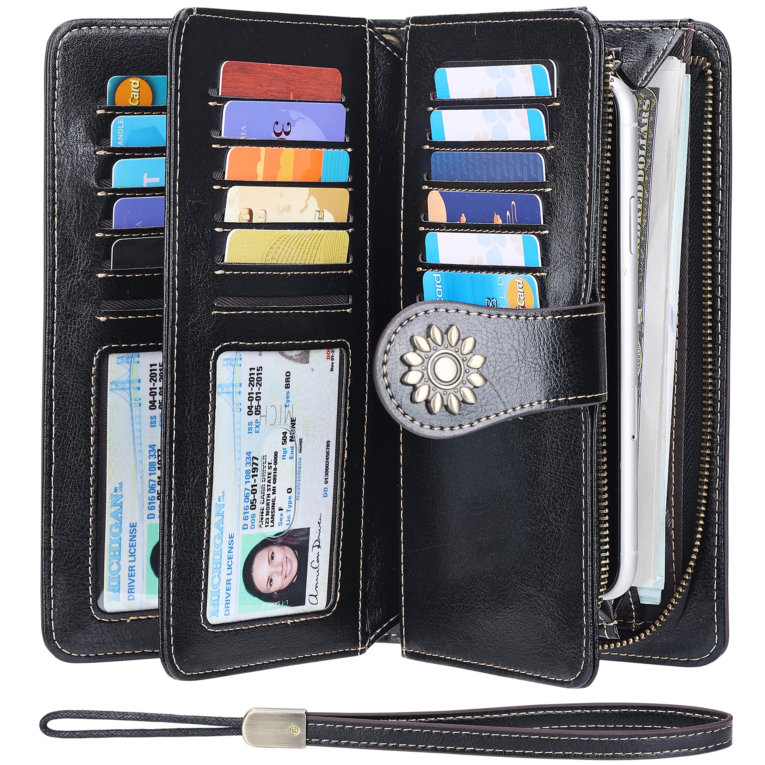 Lavemi Cartera de piel auténtica de gran capacidad para mujer, con bloqueo RFID, tarjetero