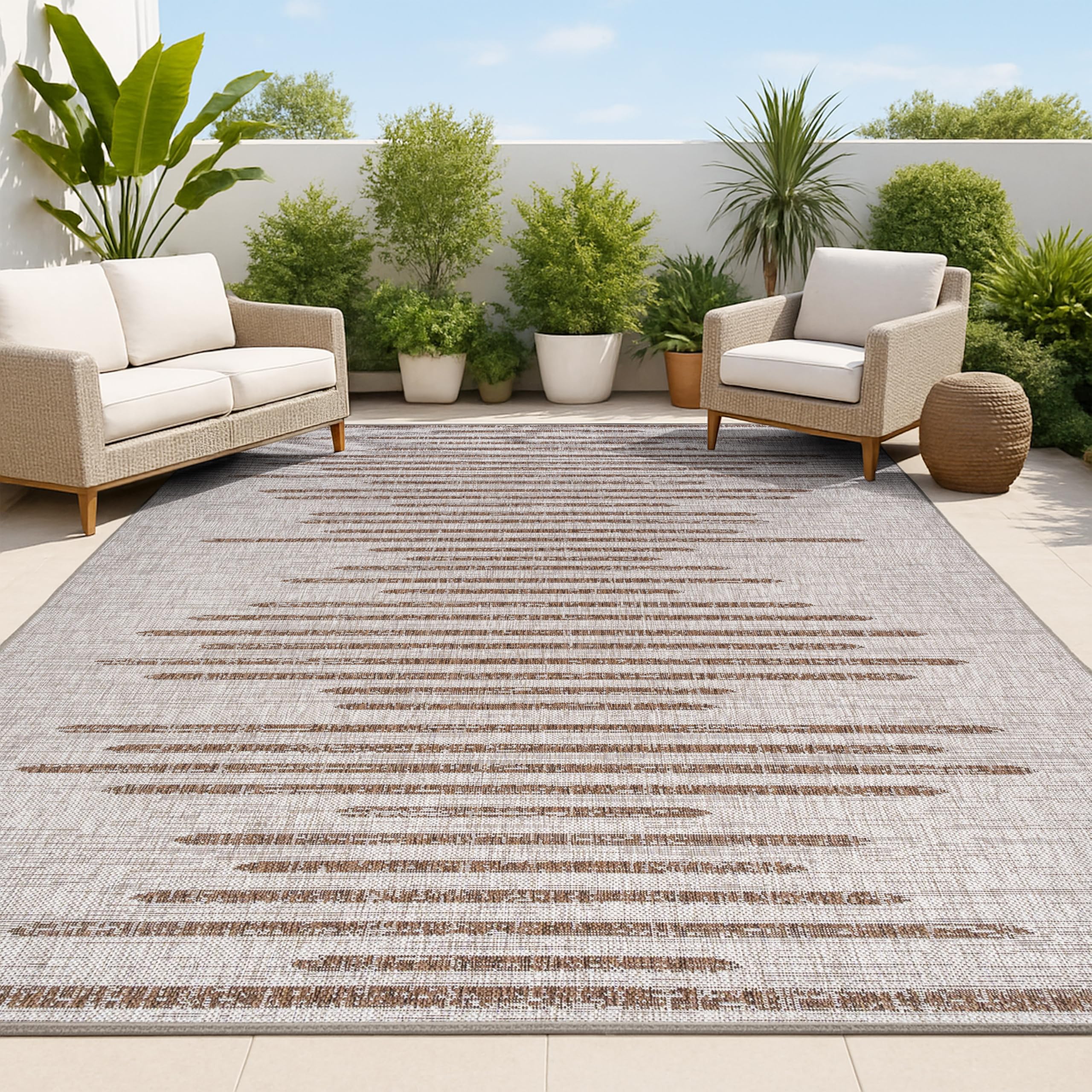 JONATHAN Y Stripe Geometric Indoor Outdoor Area Rug 10X14 Beige/Brown, Zolak Berber for Backyard, Patio, Porch, Easy-Cleaning, High Traffic,