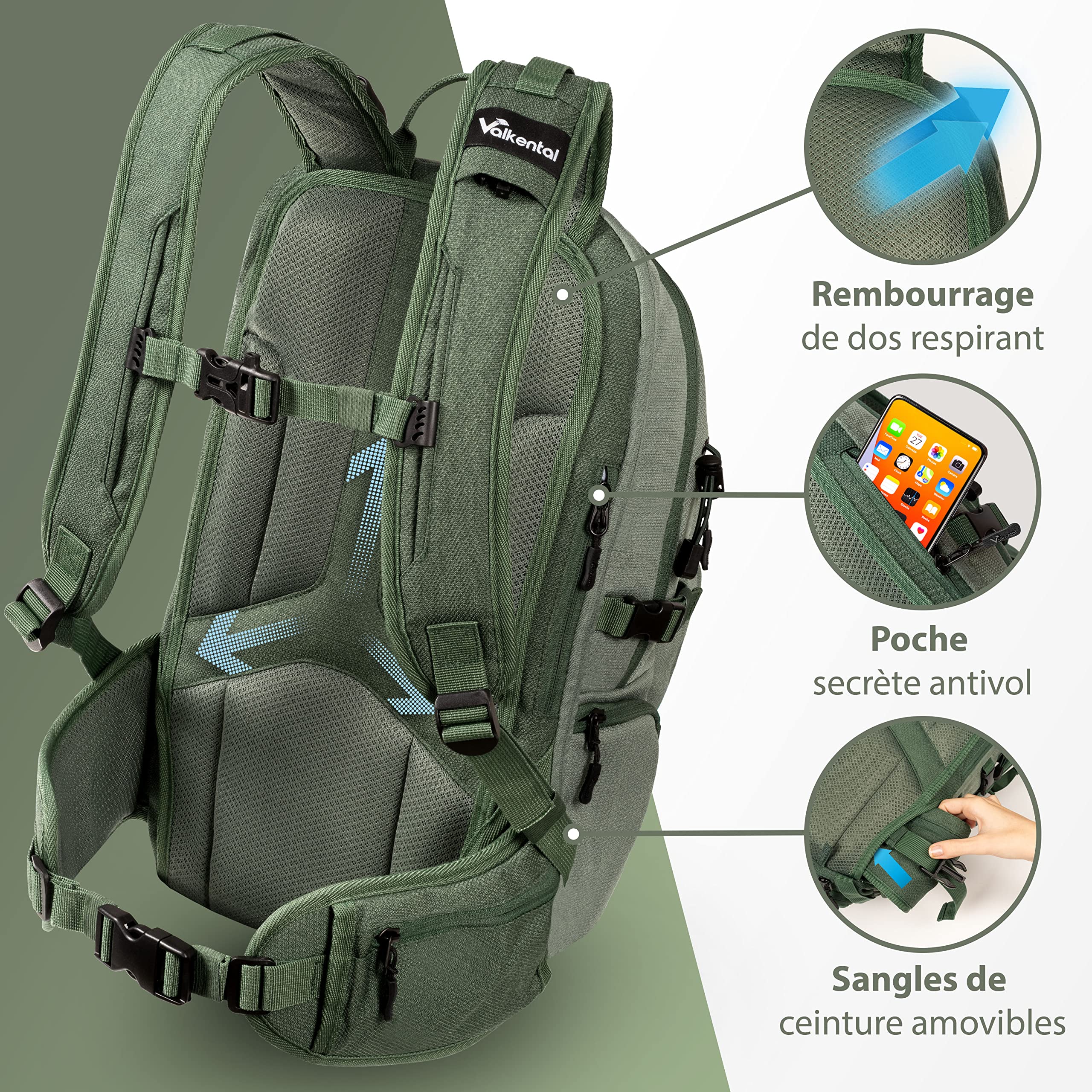 Valkental - Sac à dos de haute qualité & durable avec ceintures de hanche rétractables | 22L | Extensible avec sac banane - Adapté comme sac à dos de randonnée & sac à dos de vélo