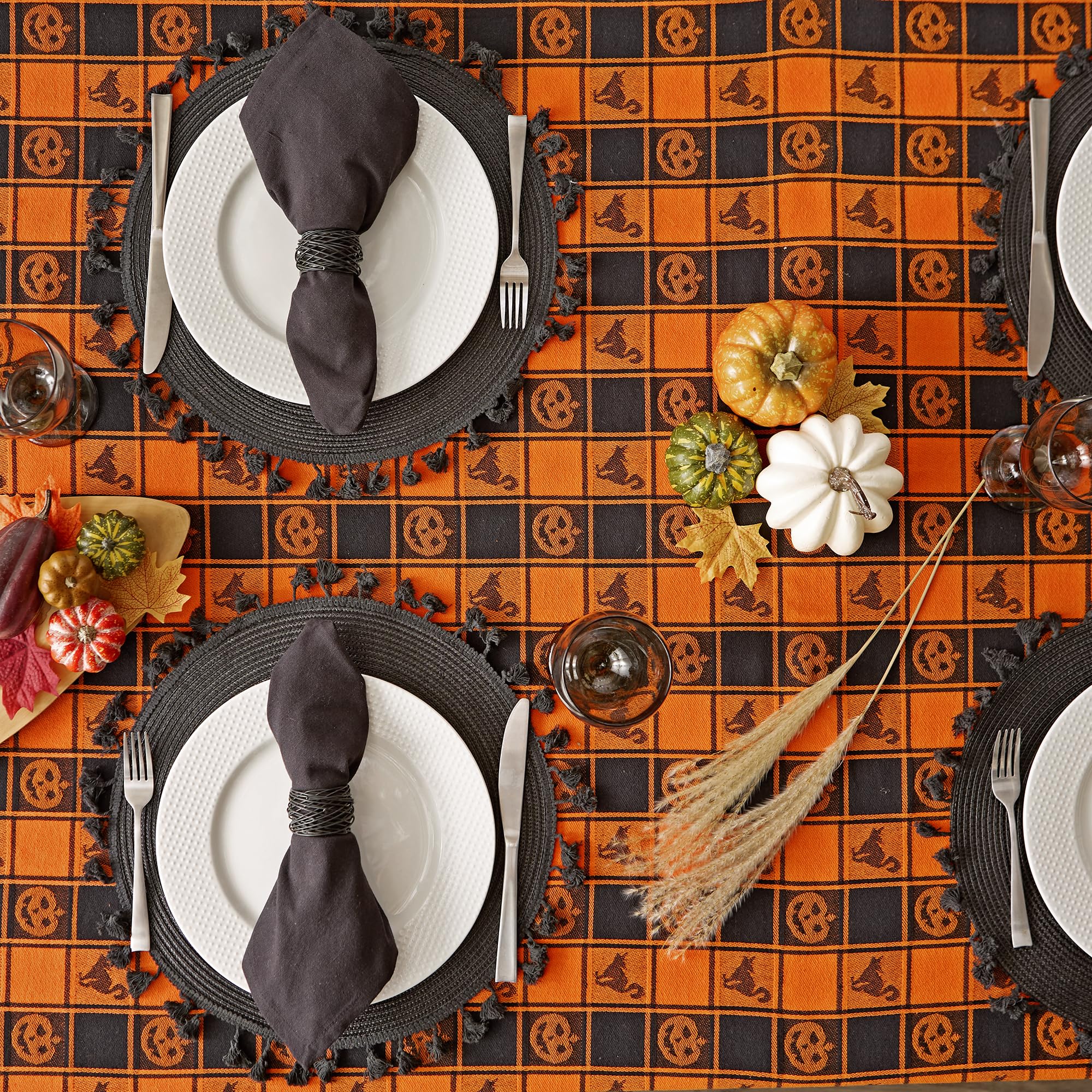 DII Décoration De Table De Fête D'halloween Réutilisable Lavable En Machine Tissu Coton Nappe 60 X 84 Cm Orange & Noir Carreaux De Buffle