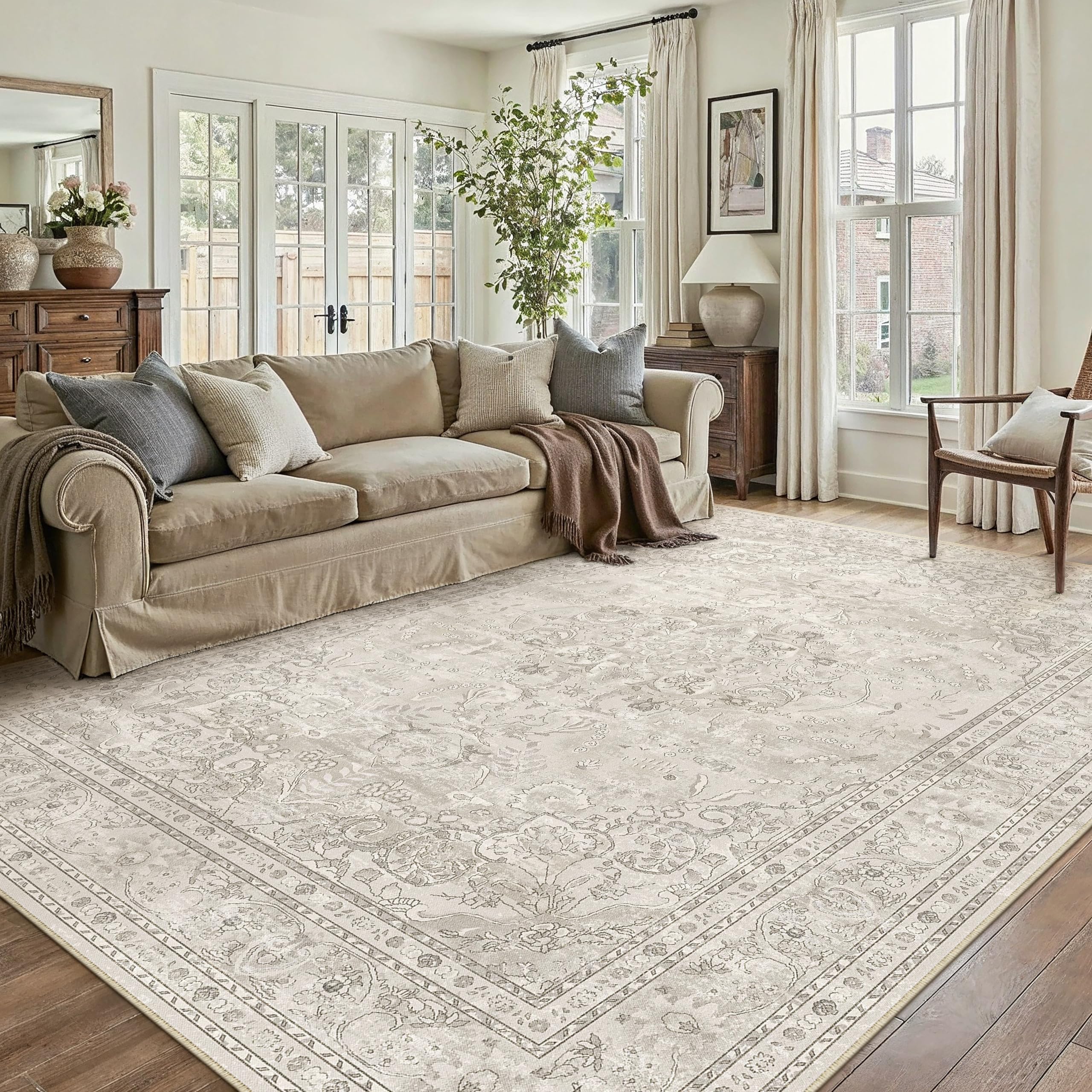PureCozy Beige 6x9 Area Rug Washable Vintage Carpet Living Room Large
