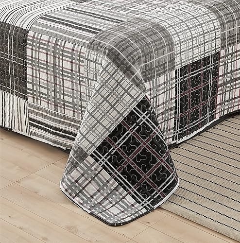 Miniatura 6 de Ycosy Juego de edredón de tamaño Queen, juego de colcha de retazos a cuadros, suave y ligera, ropa de cama de color negro, blanco, gris, a rayas,