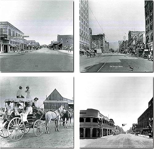 Impact Posters Gallery Vintage Las Vegas Stage Coach, The Nevada Hotel, 1915 Majestic Post Office, Overland Hotel 1930 Motor Car Old City Set Four