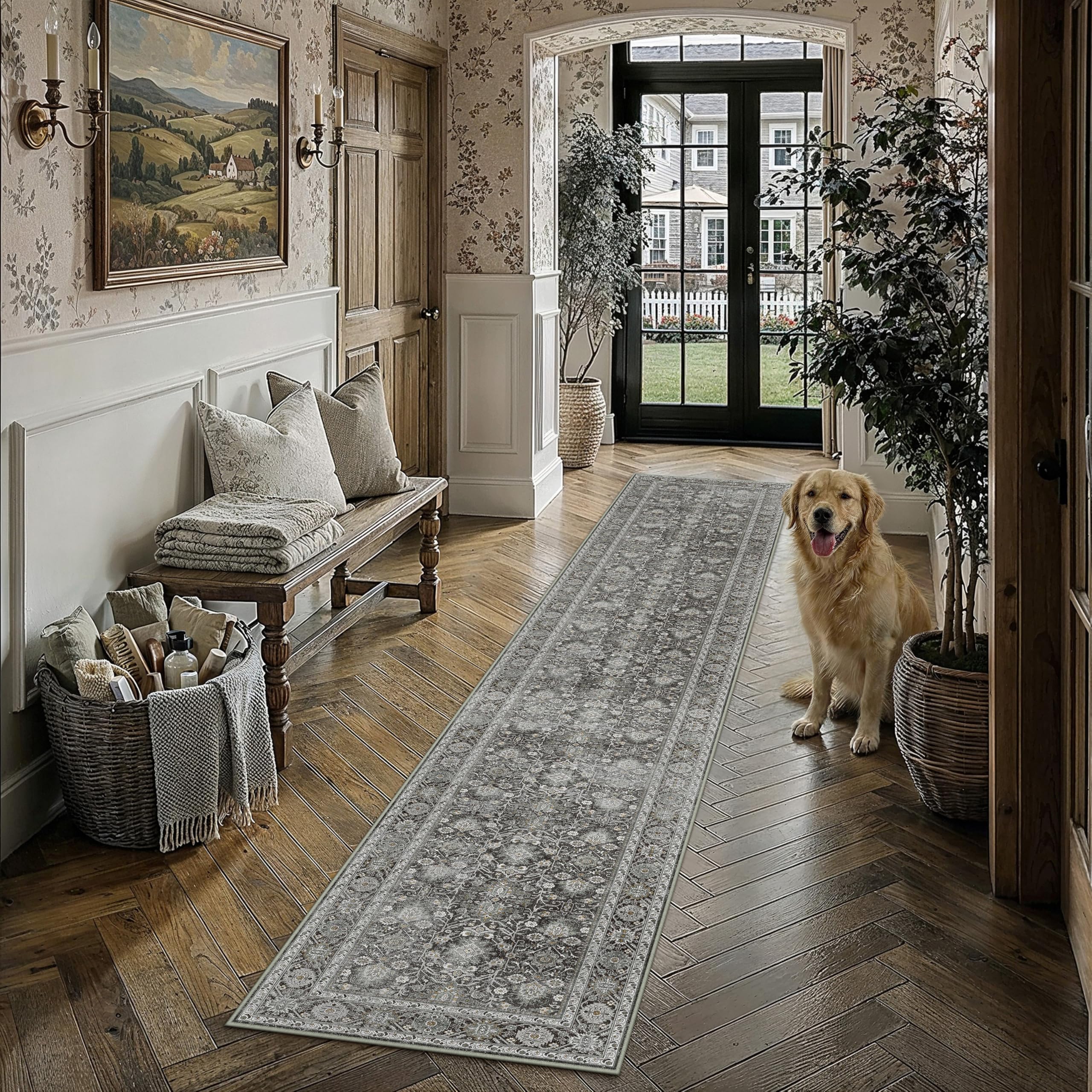 PureCozy Black Runner Rug 2'6"x12' Vintage Area Carpet Hallway Long Indoor Kitchen Washable Living Room Low Pile Traditional Distressed Retro Accent Rug Non Slip Laundry Bathroom Office Dining Room โ image 1