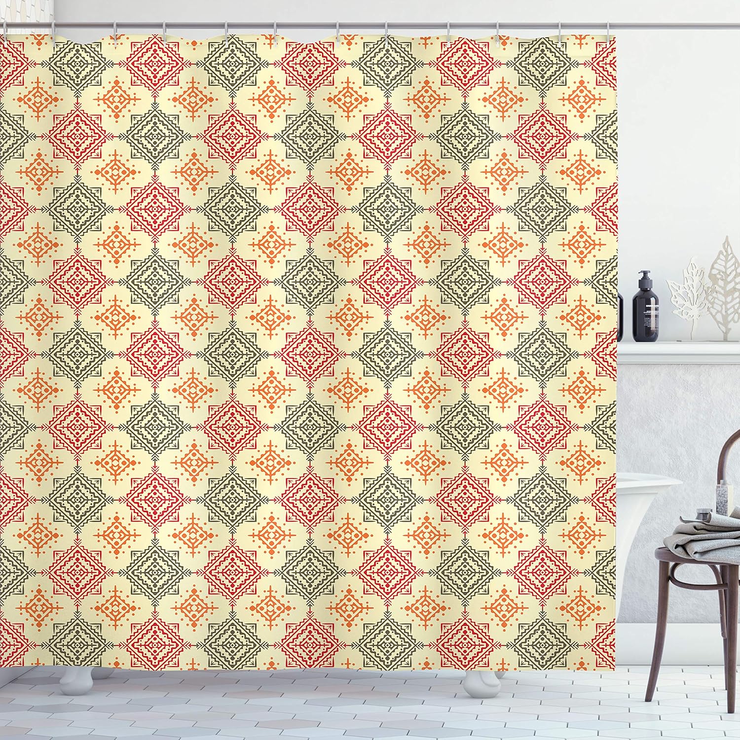Lunarable Tribal Stall Shower Curtain, Bohemian Style Ornate Diamond Shape Pattern Design Geometric, Fabric Bathroom Decor Set with Hooks, 36" W x 72" L, Turquoise Orange Brown