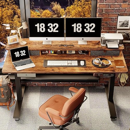 Miniatura 3 de Cubiker Escritorio eléctrico de pie con cajones dobles, escritorio de pie ajustable de altura de 55 x 24 pulgadas con estante de almacenamiento,