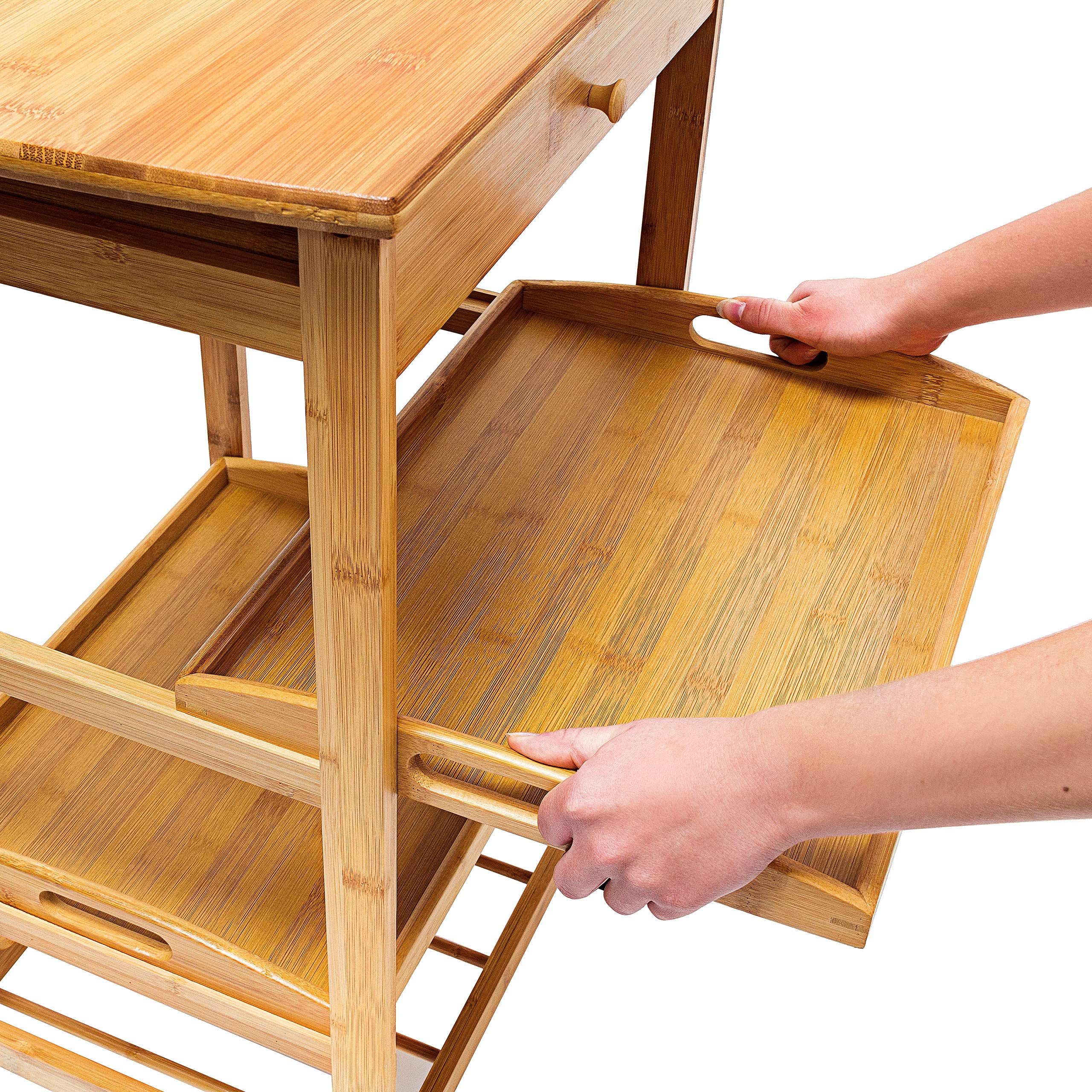 Relaxdays Carrito Auxiliar con Ruedas, 80,5x50x37cm, Verdulero, Carro Cocina, Cajón y 2 Estantes, Bambú, Marrón Natural