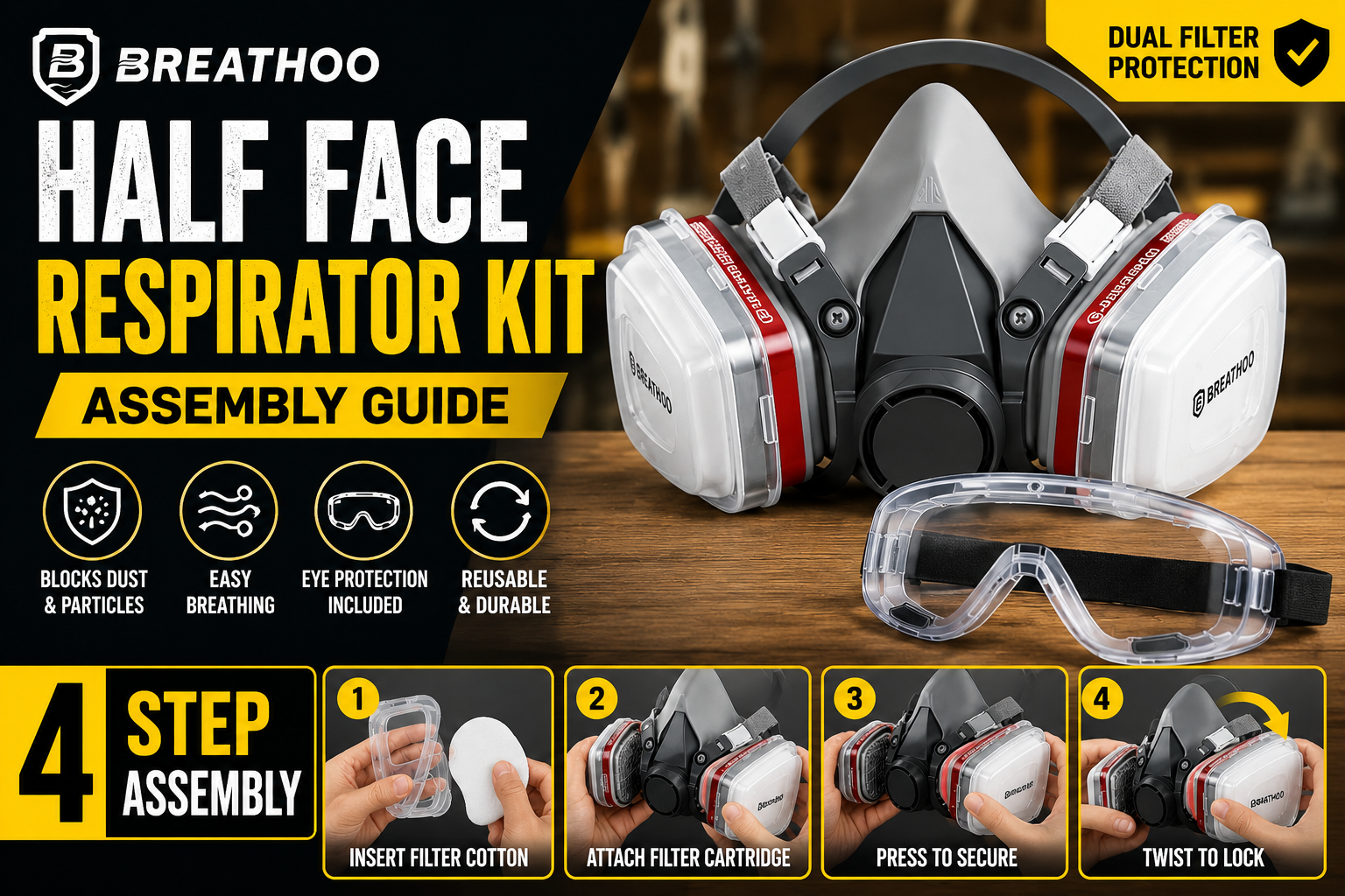BREATHOO AirGuard Reusable Half Face Respirator Mask with Safety Goggles, Dual Filter Face Cover for Woodworking, Sanding, Spray Painting, Construction & DIY Workshop Use, Includes 10 Filter Pads (M) Tools &