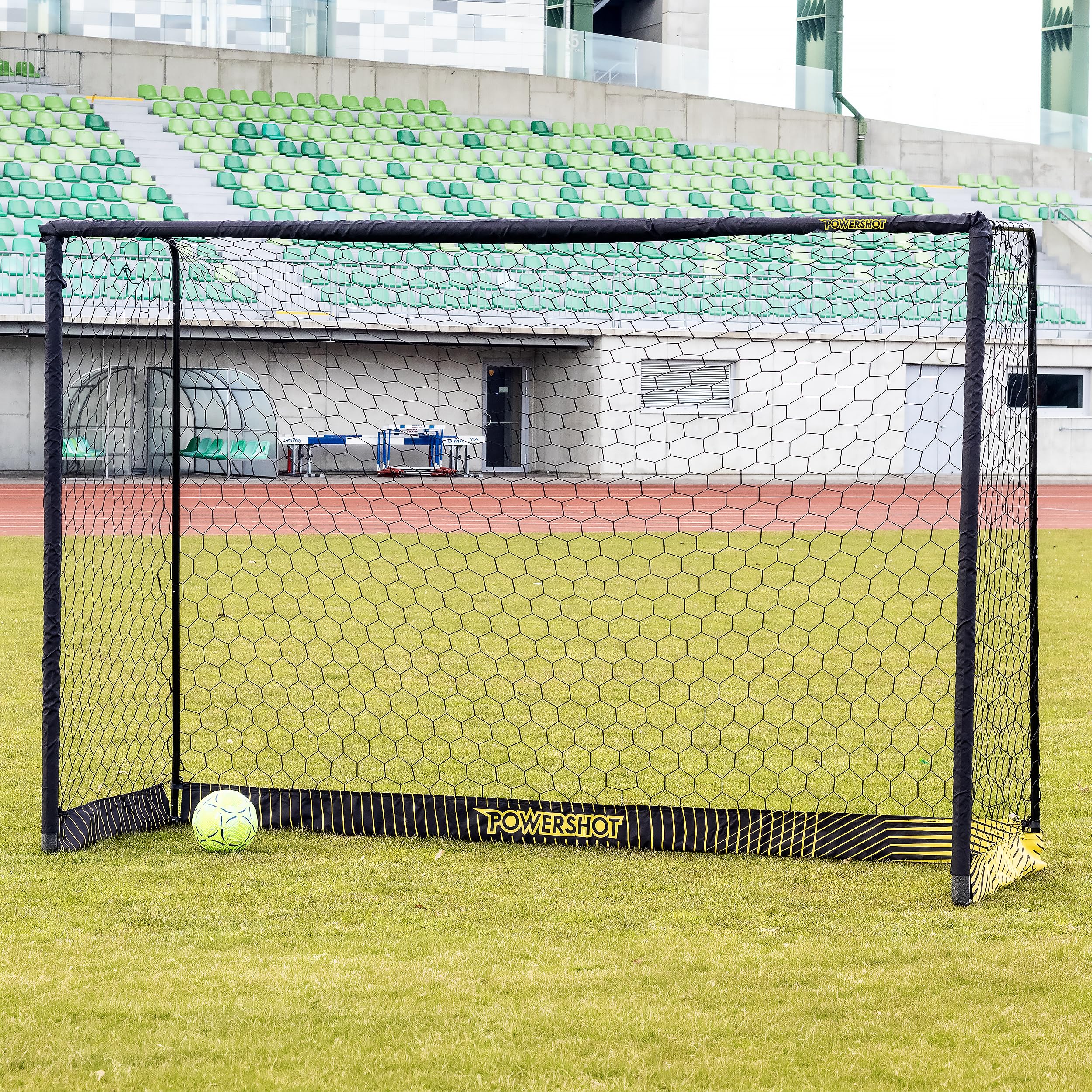 Portería de fútbol de acero, varios tamaños, color negro, anclaje al suelo y bolsa de transporte, incluye