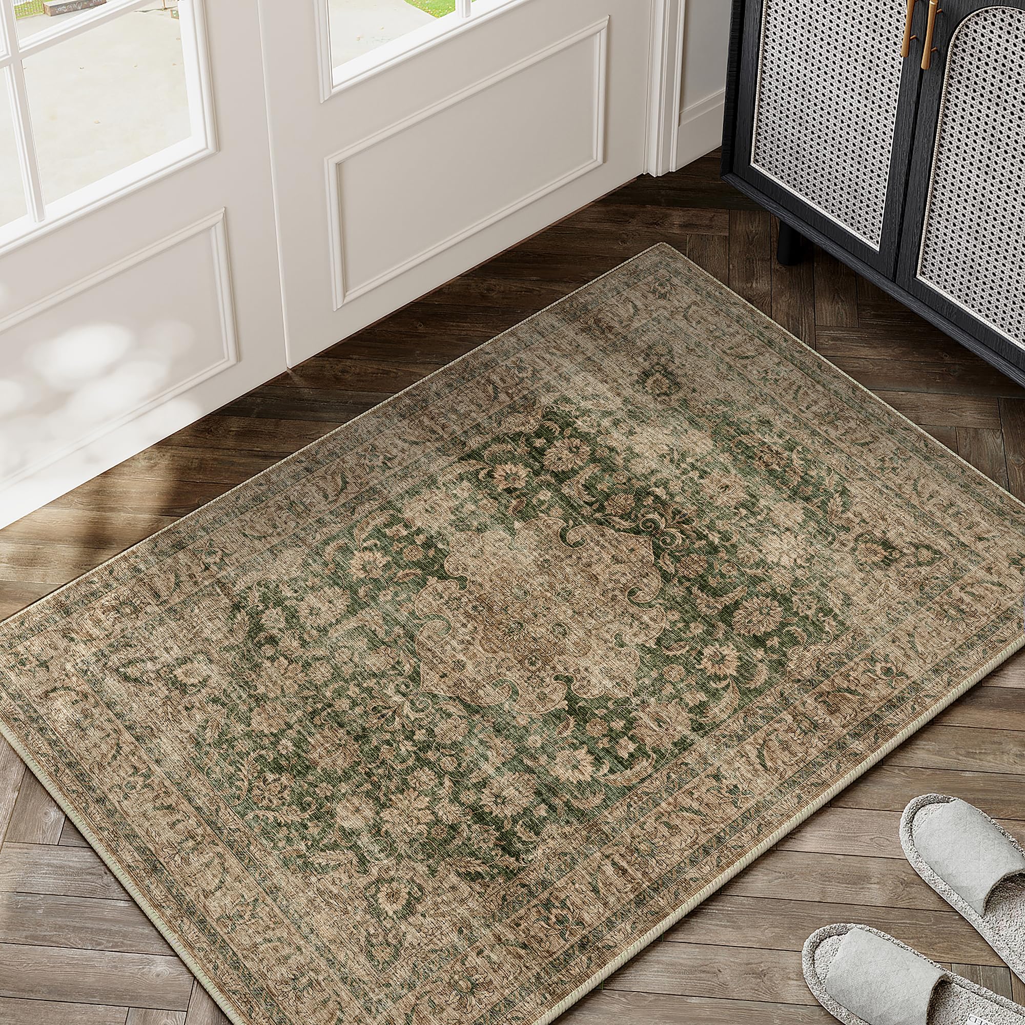 HUGEAR Vintage Door Mat Green Small Area Rug 60x90cm Non Slip Washable Rugs Lounge Doormat Bedside Office Outdoor Bedroom Kitchen Indoor Carpet Low Pile Carpets — image 1
