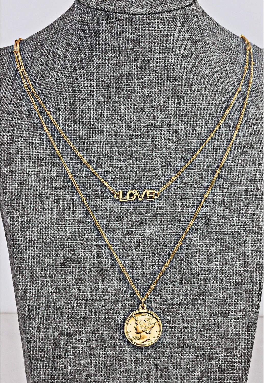 American Coin Treasures Coin Necklace Pendant Double Strand Love Chain– Genuine Mercury Dime Gold-Layered Coin | Goldtone Saturn Style Chain and Lobster Claw Clasp | Certificate of Authenticity