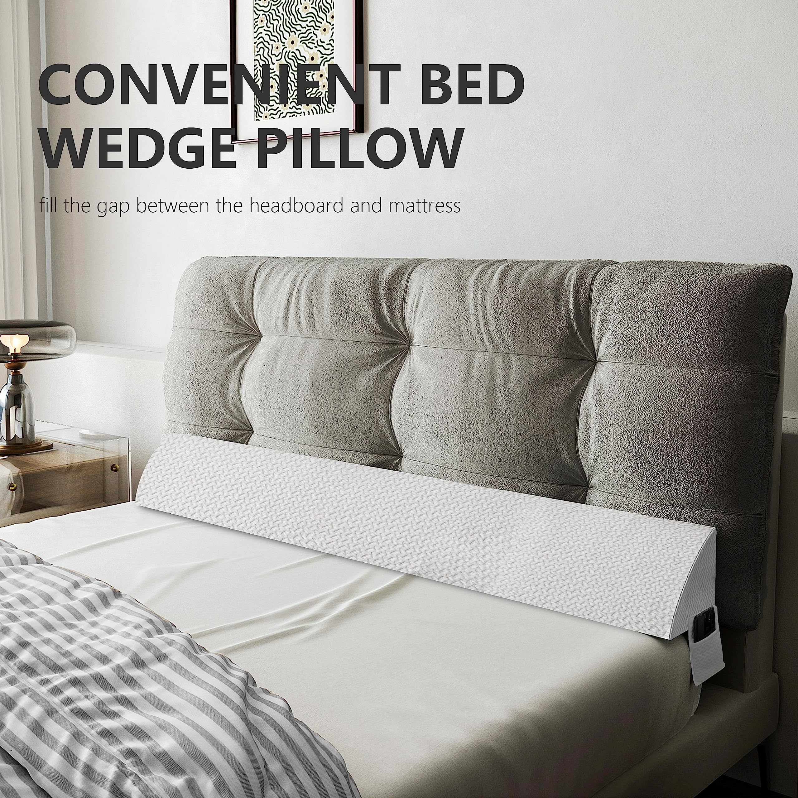 Almohada de cuña de cama para espacio de cabecero, cojín de apoyo de espuma de alta densidad, llena un espacio de 0 a 15 cm entre el colchón y la cabecera, diseño ergonómico para mayor