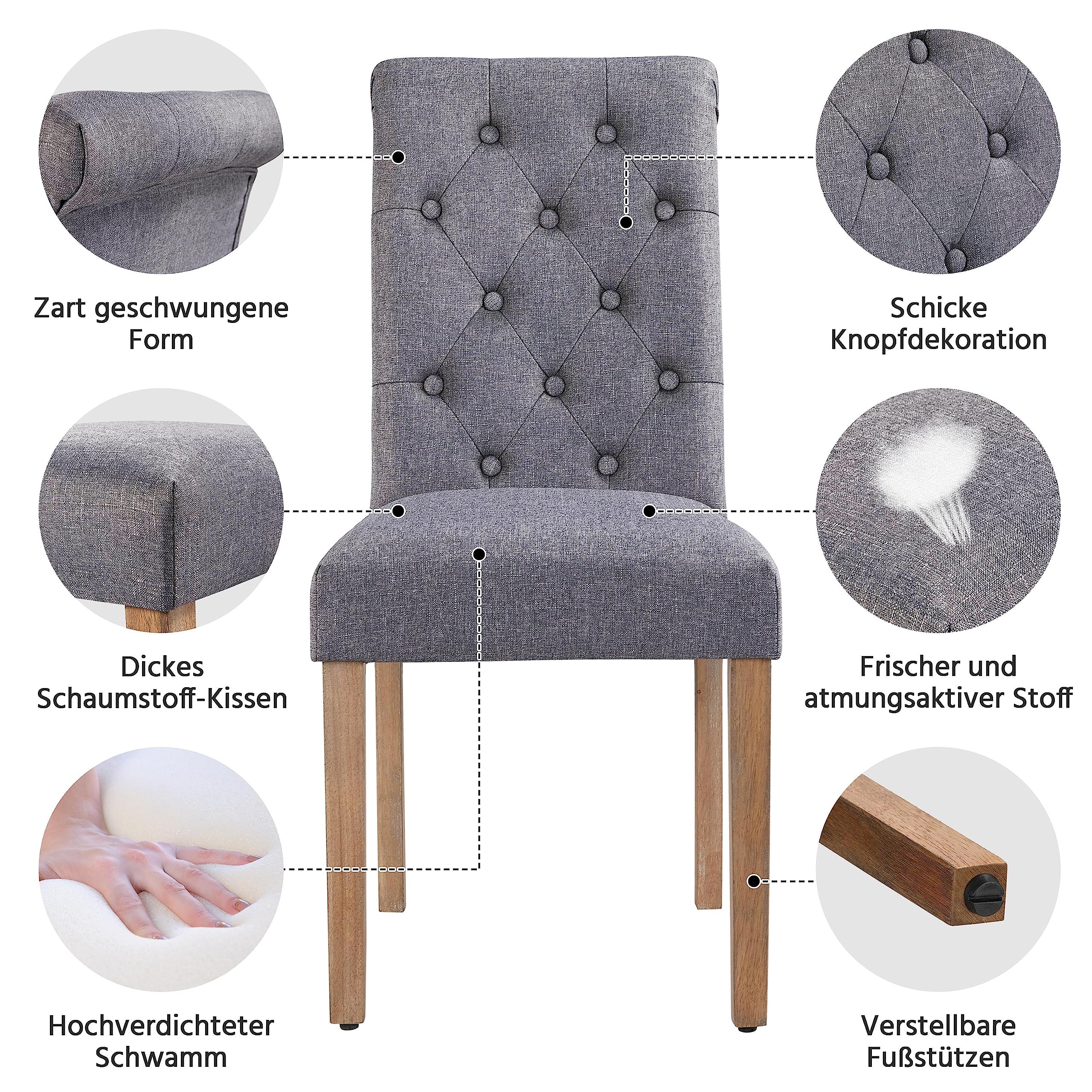 Yaheetech 6er Esszimmerstühle Küchenstuhl Polsterstuhl Wohnzimmerstuhl Essgruppe Leinen Massivholz Dunkelgrau