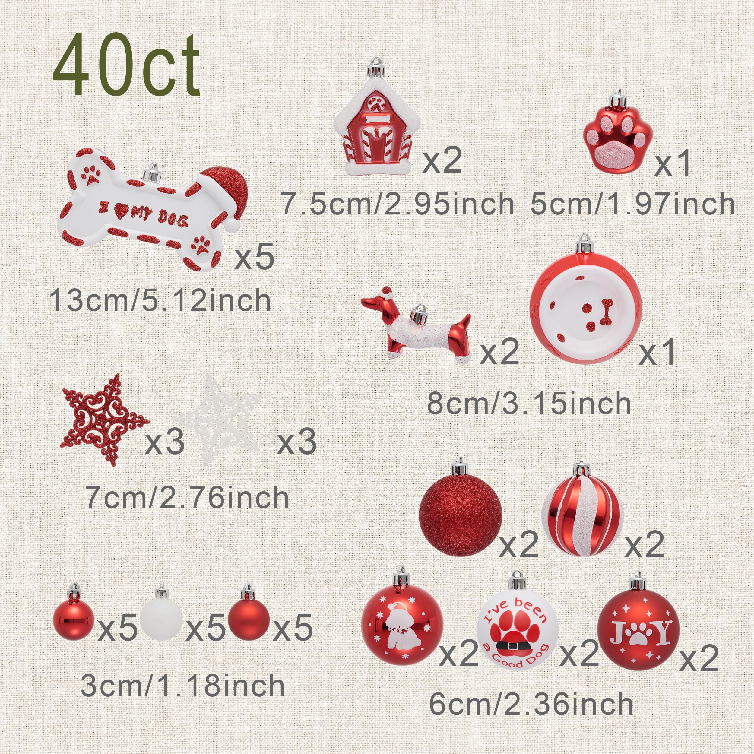 DecorbyHannah Adornos de Navidad, 40 unidades, decoraciones de árbol rojo y blanco, juego de bolas de Navidad inastillables con temática de cachorros, bolas decorativas colgantes a granel para