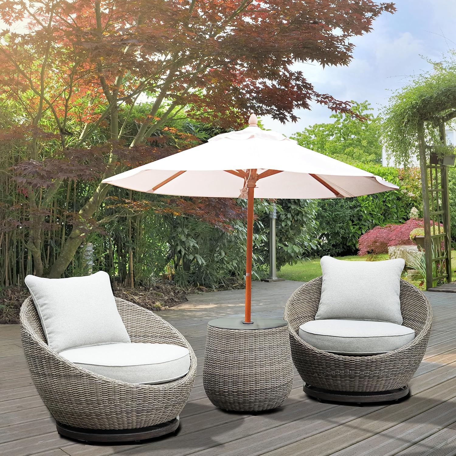 GOWE Cozy Outdoor Set - Swivel Woven Chairs, Side Table - All-Weather Resin Wicker, Powder-Coated Aluminum, Fully Assembled