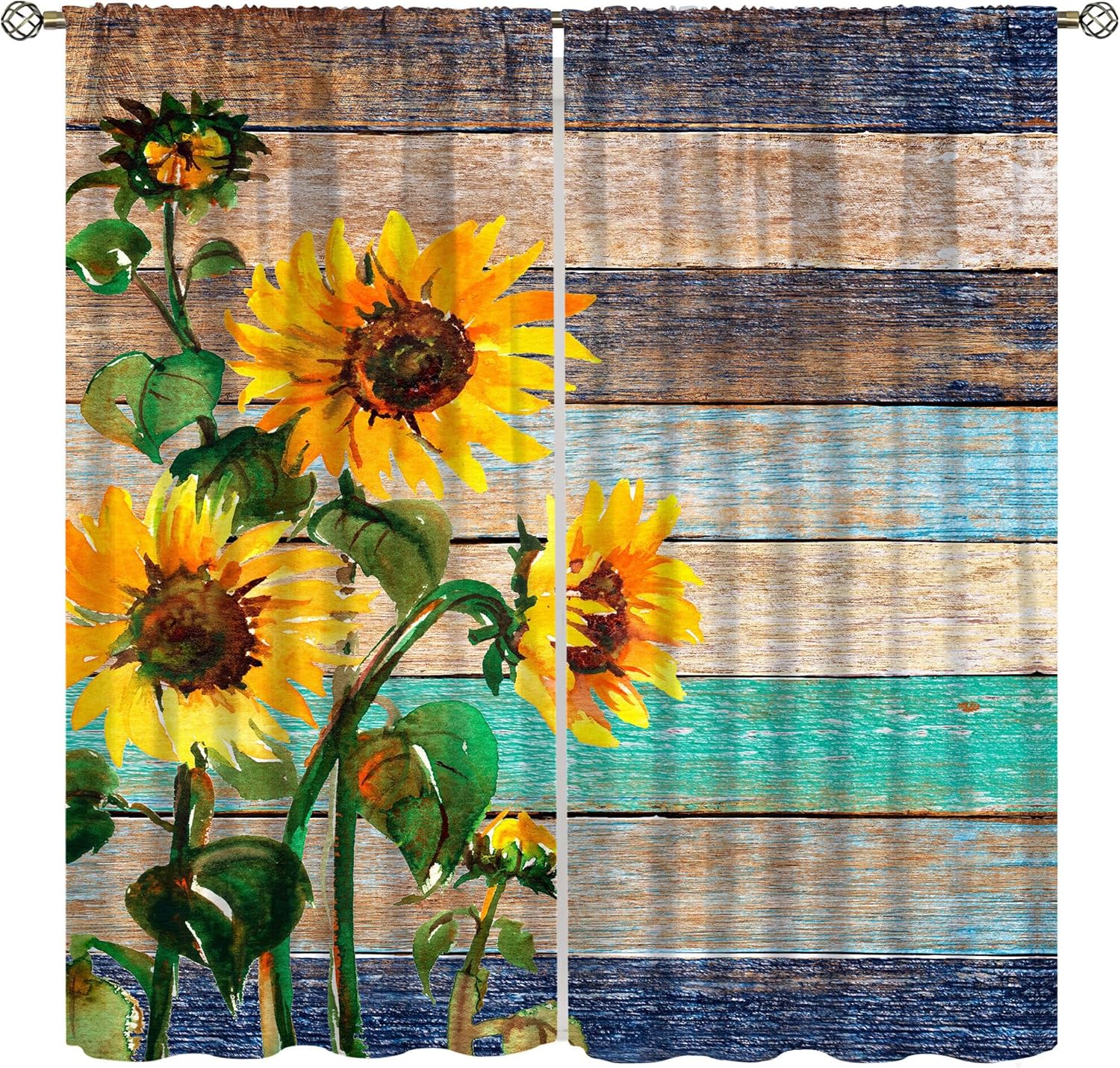 Farmhouse Sunflower Curtains, Retro Farm Wooden Barn Door Sunflower Flower Rustic Prints Blackout Rod Pocket Window Treatments Drapes for Kitchen Bedroom Living Room55x63in