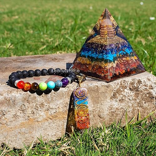 Miniatura 4 de 3 in 1 Orgone Pyramid for E-Energy Protection & Healing- meditation orgonite pyramids with Pendant and Bracelet set/crystal chakra set (7 Chakra Big)