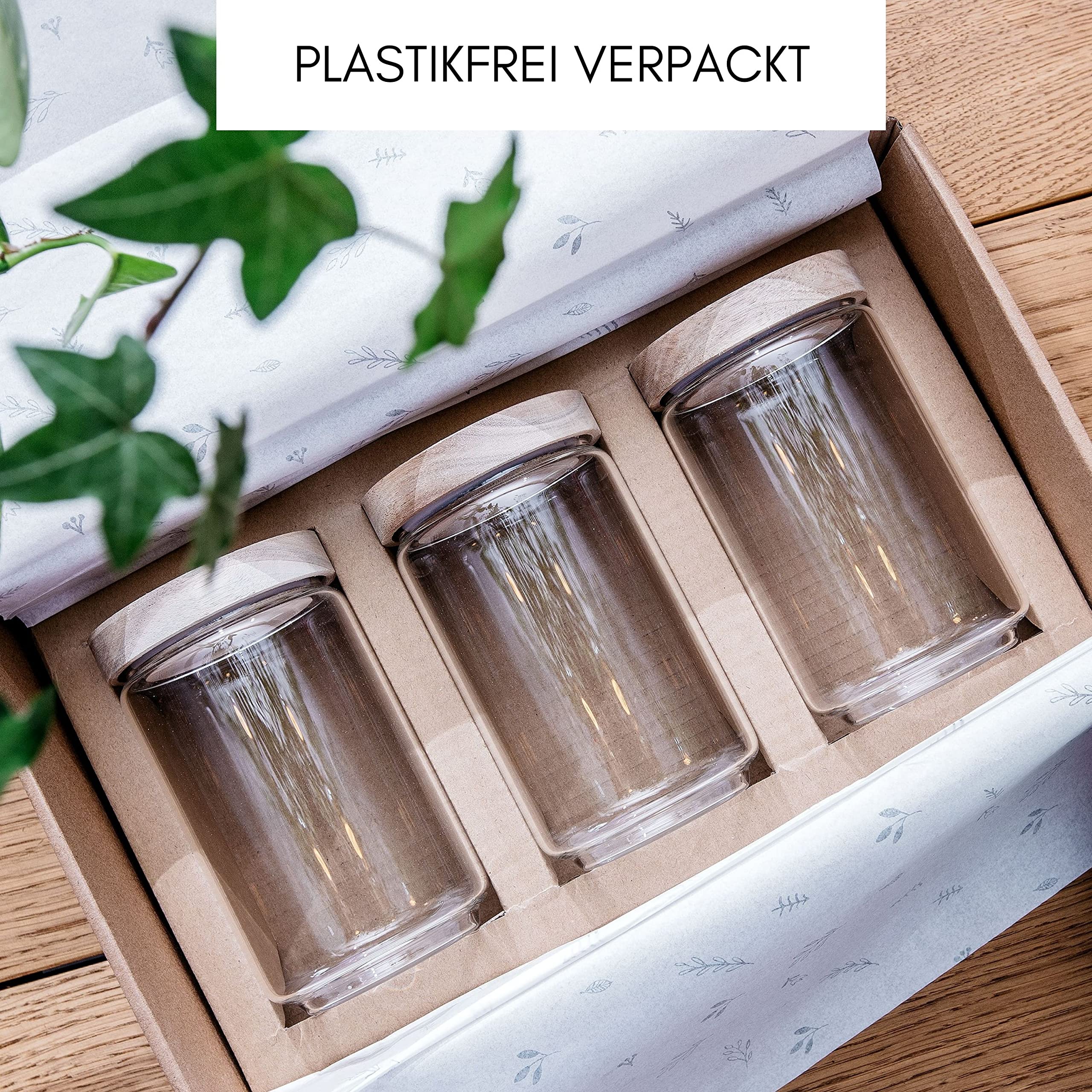 Econovo Set di 3 contenitori in vetro con coperchio, 700 ml, impilabili | Barattoli impilabili in vetro borosilicato, coperchio ermetico in legno, adatti per zucchero, tè, granola e riso