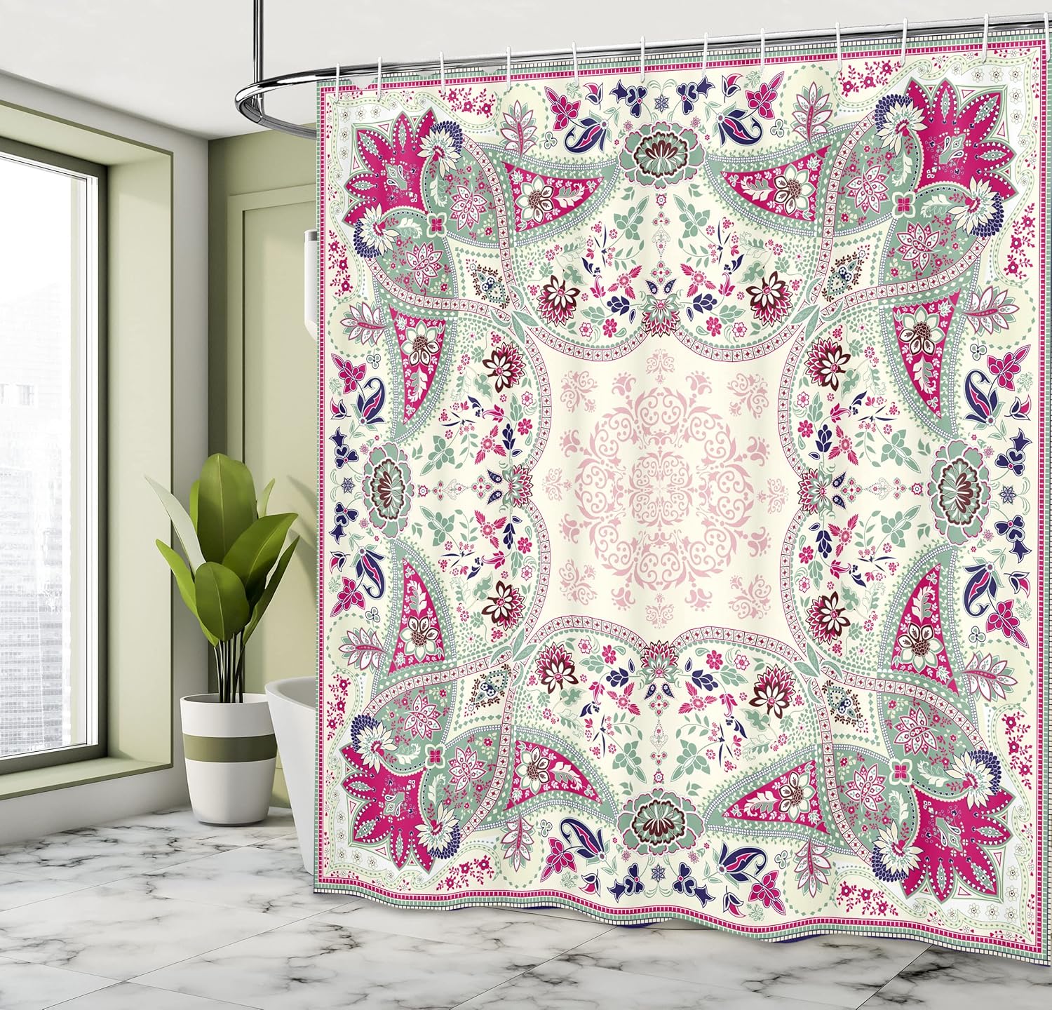 Ambesonne Paisley Shower Curtain, Geometric Ornamental Square Print Detailed Modern Image, Cloth Fabric Bathroom Decor Set with Hooks, 69" W x 84" L, Pale Green Navy Blue