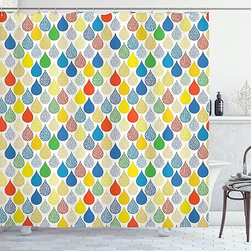 Ambesonne Cortina de ducha geométrica, estilo garabato de gotas de lluvia, diseño creativo de hojas coloridas para niñas, juego de decoración de