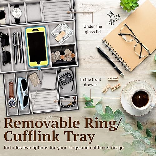 Miniatura 8 de Organizador de caja de valet para hombre, bandeja de valet grande de cuero para hombres, organizador de bandeja de valet para hombre con estación de