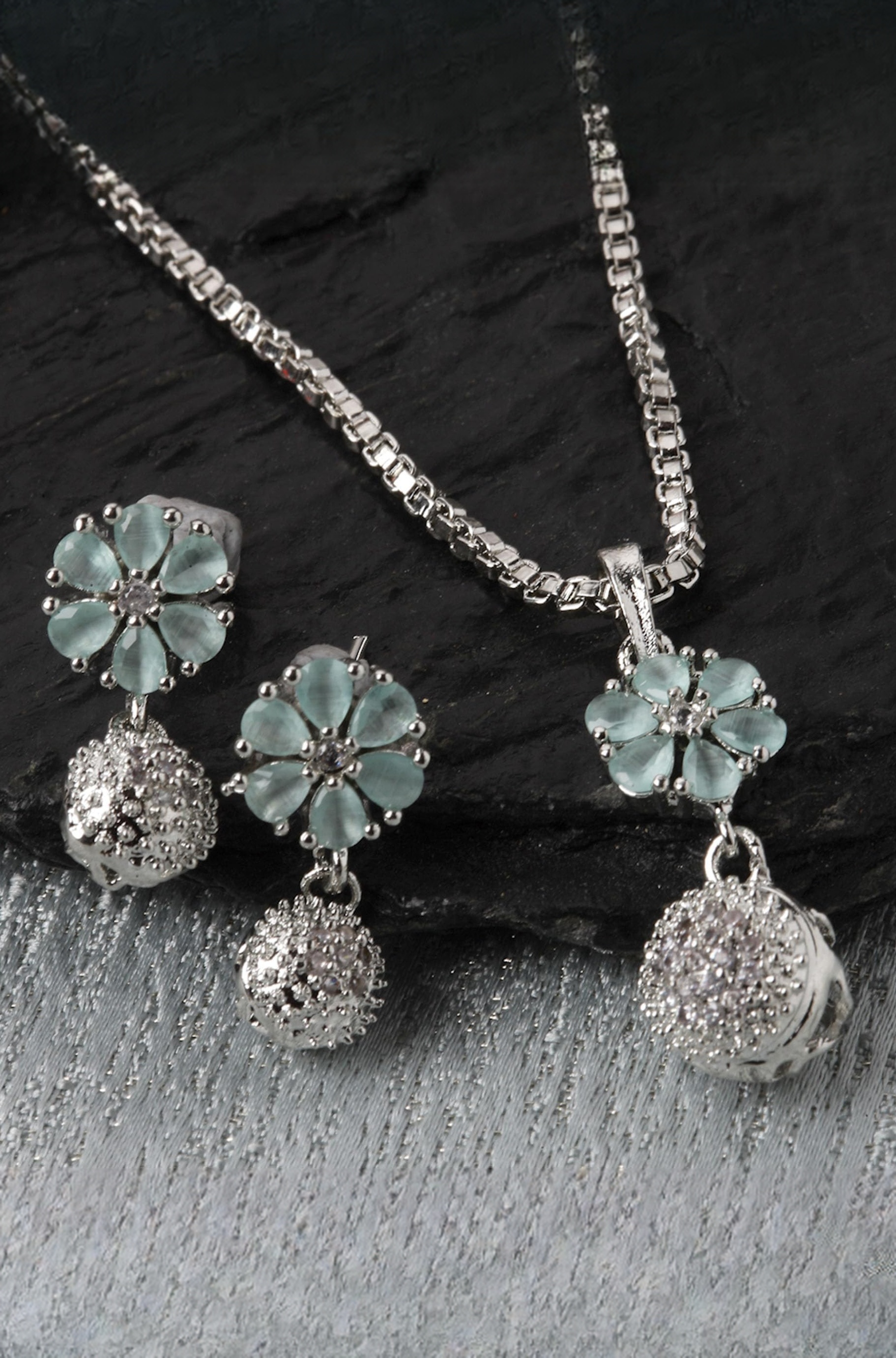 Rhodium-Plated Silver Toned Green Cubic Zirconia studded Floral Shaped Cute Pendant with Earrings Jewellery Set for Girls and Women (Green)