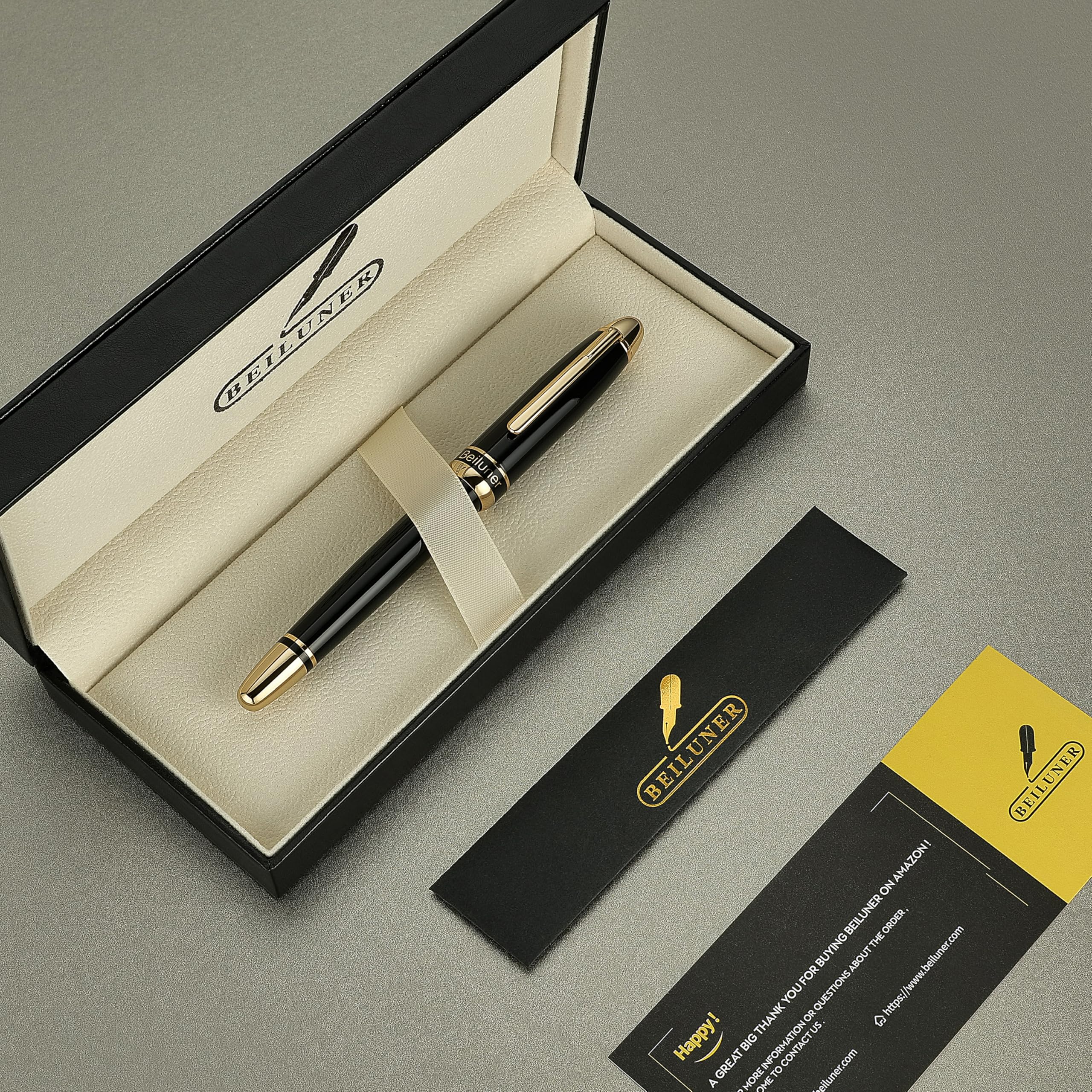 BEILUNER 315 Stylo Bille Roller de Luxe, Finition Or 24K Premium et Laqué Piano Élégant, Set Cadeau Cadre pour Professionnels et Diplômés, Stylo Bureau Raffiné - Noir & Or