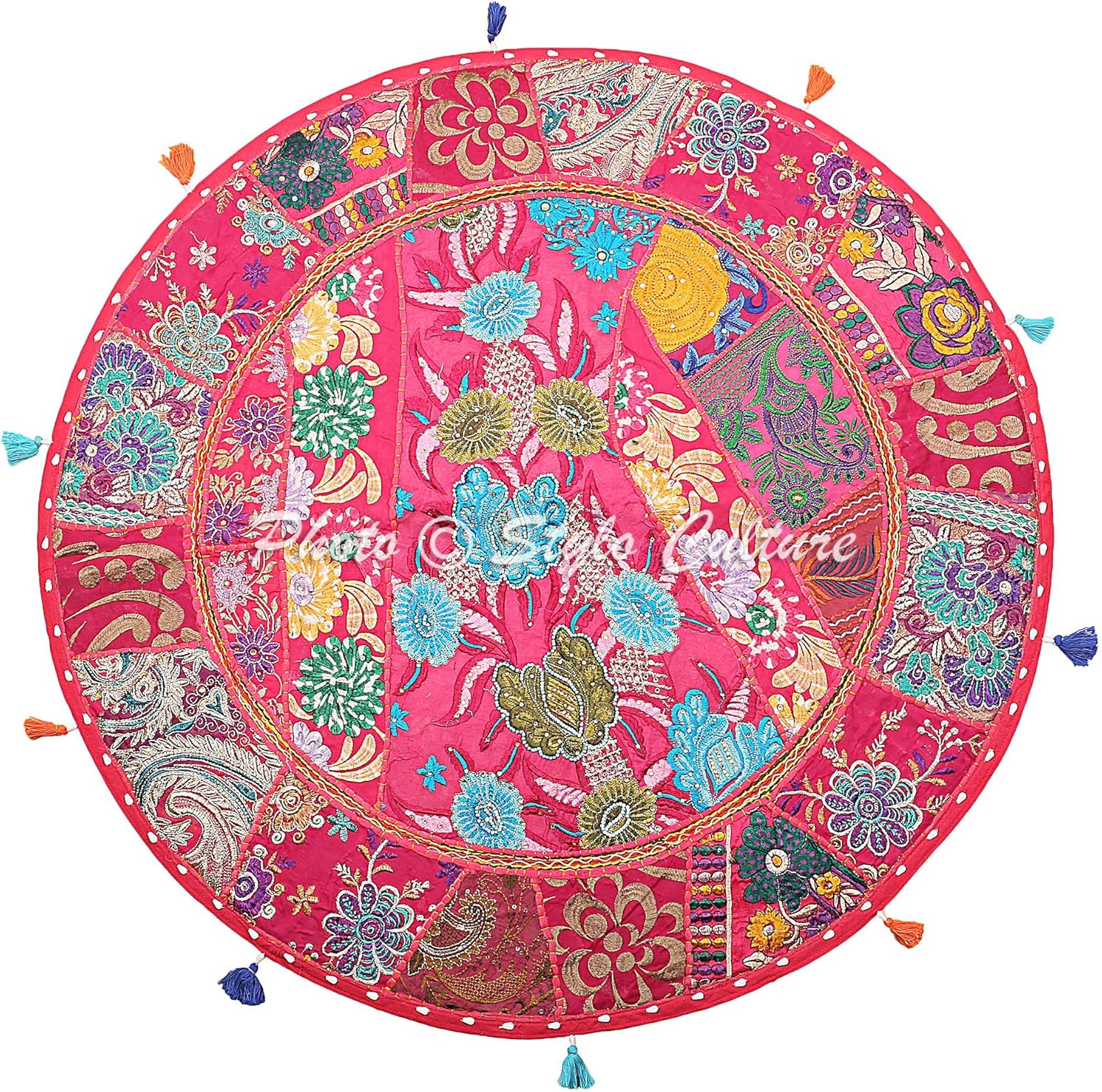 Indian Pillow Seats for Floor Vintage Patchwork Boho Cushion Cover Pink Large 32x32 Decorative Bohemian Round Hassock Pouffe Cover Footstool Cotton Embroidered 1 Pc