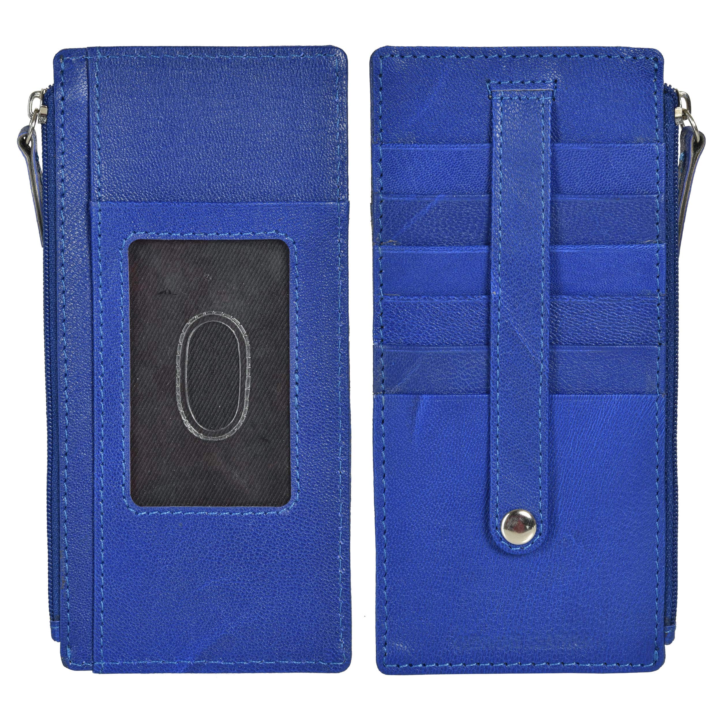 Leatherboss Genuine Leather Women's All in One Credit Business Card Case Holder Slim Zipper Wallet With a Card Protection Strap, Oxford Blue