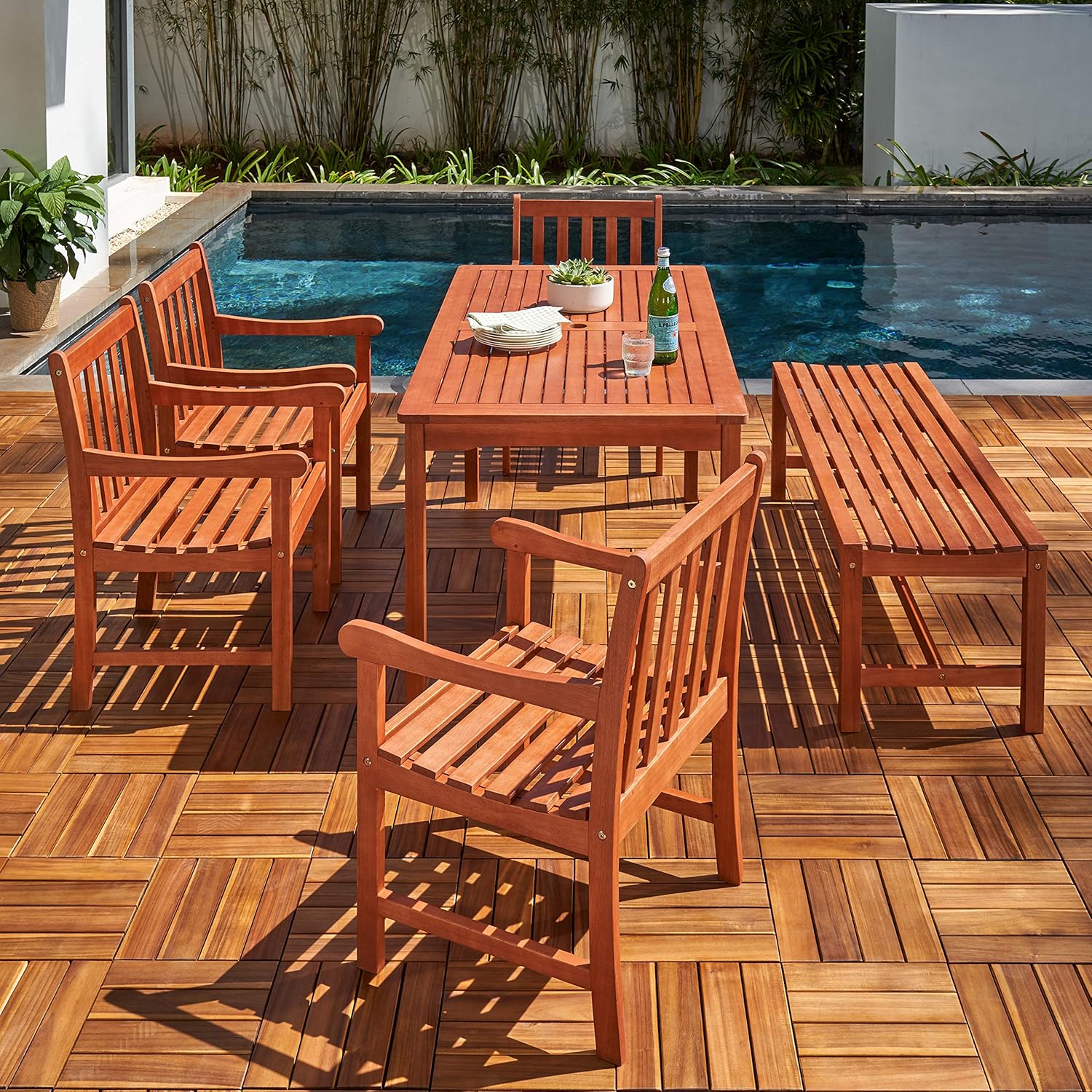 VIFAH De La Mer 6-Piece Wood Patio Dining Set for 7 Seaters with 59" Table, 4 Armchairs, and 5-Foot Backless Bench, Coastal Style, Reddish Brown : Patio, Lawn & Garden