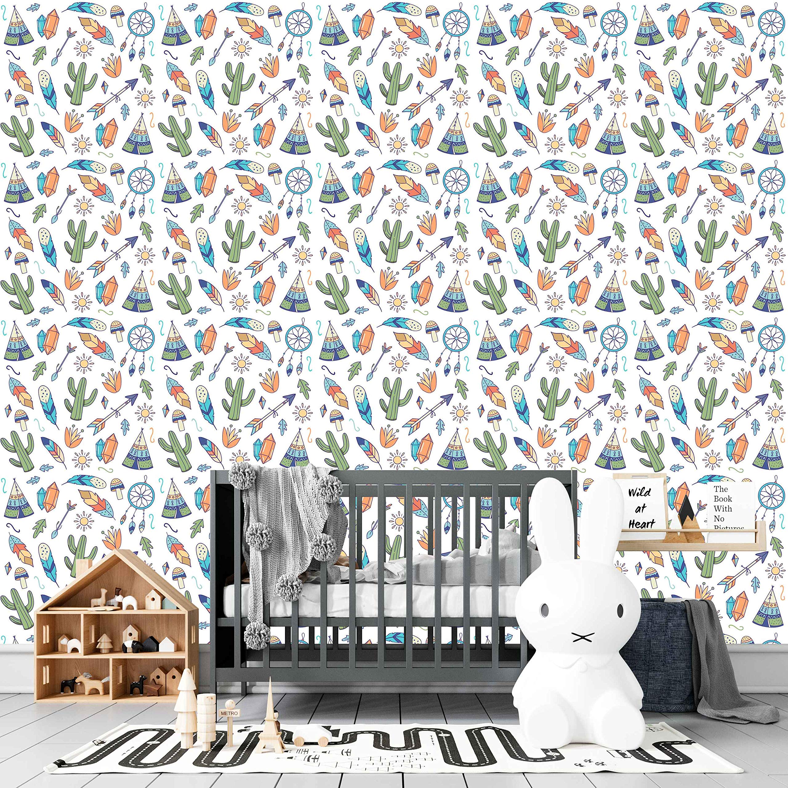 Avikalp Self-Adhesive Arw0015 Green Cactus Blue Aqua Feathers Mushrooms Diamonds Suns Leaves Round Win Hd Wall Sticker (40 Sqft, Multicolor)