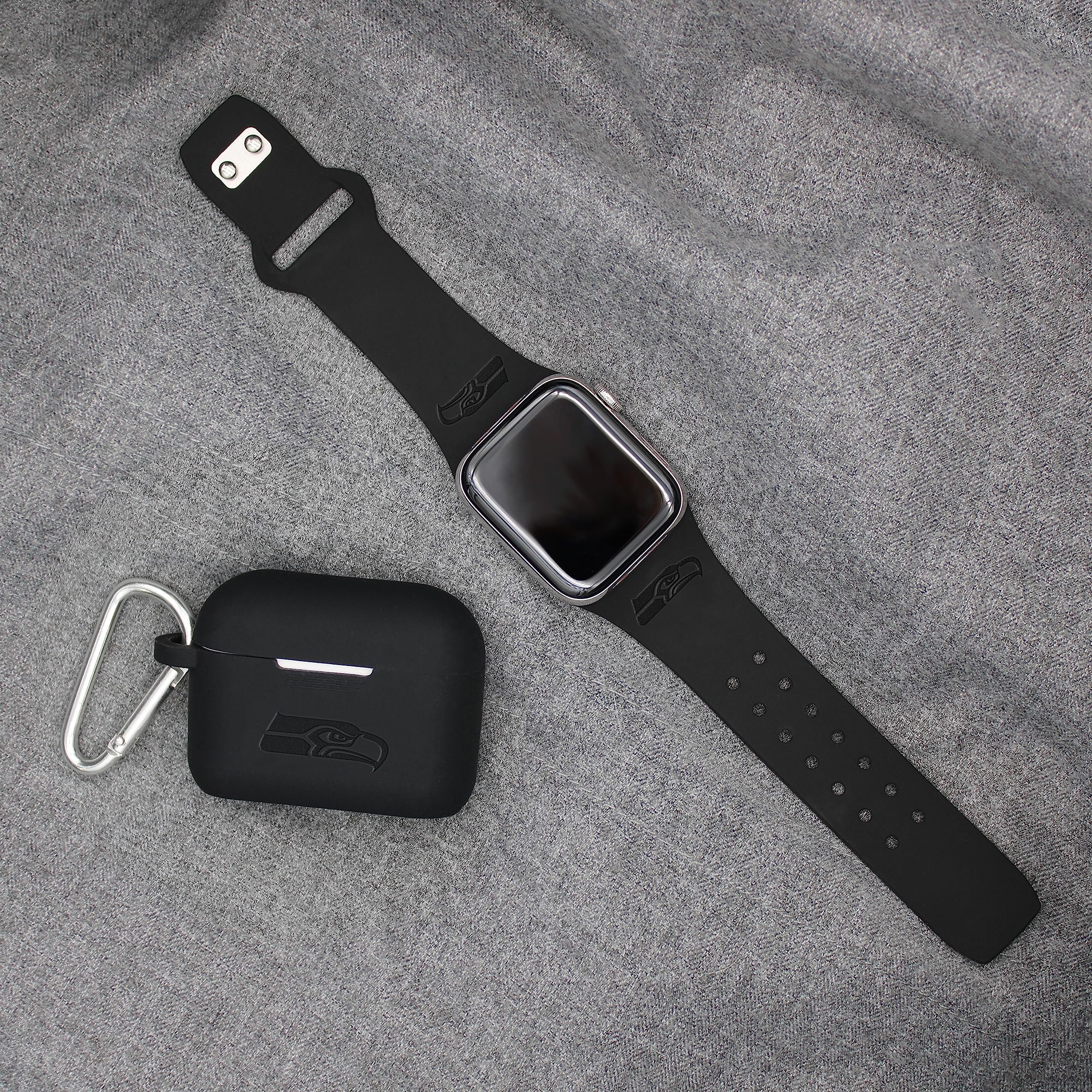 Game Time Seattle Seahawks Engraved Silicone Combo Package Compatible with Apple Watch and Airpods Pro Battery Case (38/40mm Black/Black)