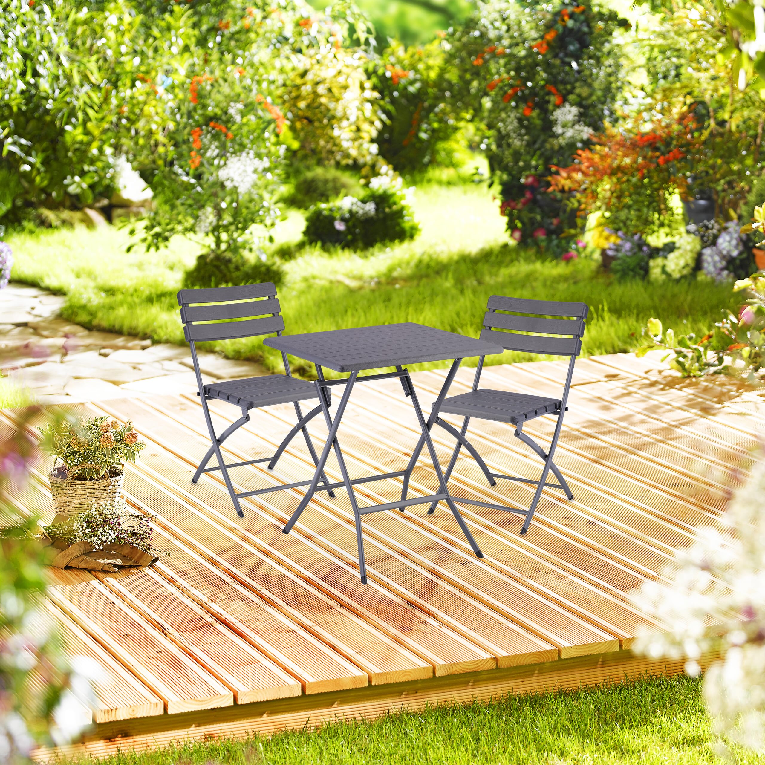 Relaxdays Juego Muebles de Balcón, Conjunto Mesa y 2 Sillas de Jardín, Plegable, Efecto Madera, Acero y Plástico, Gris