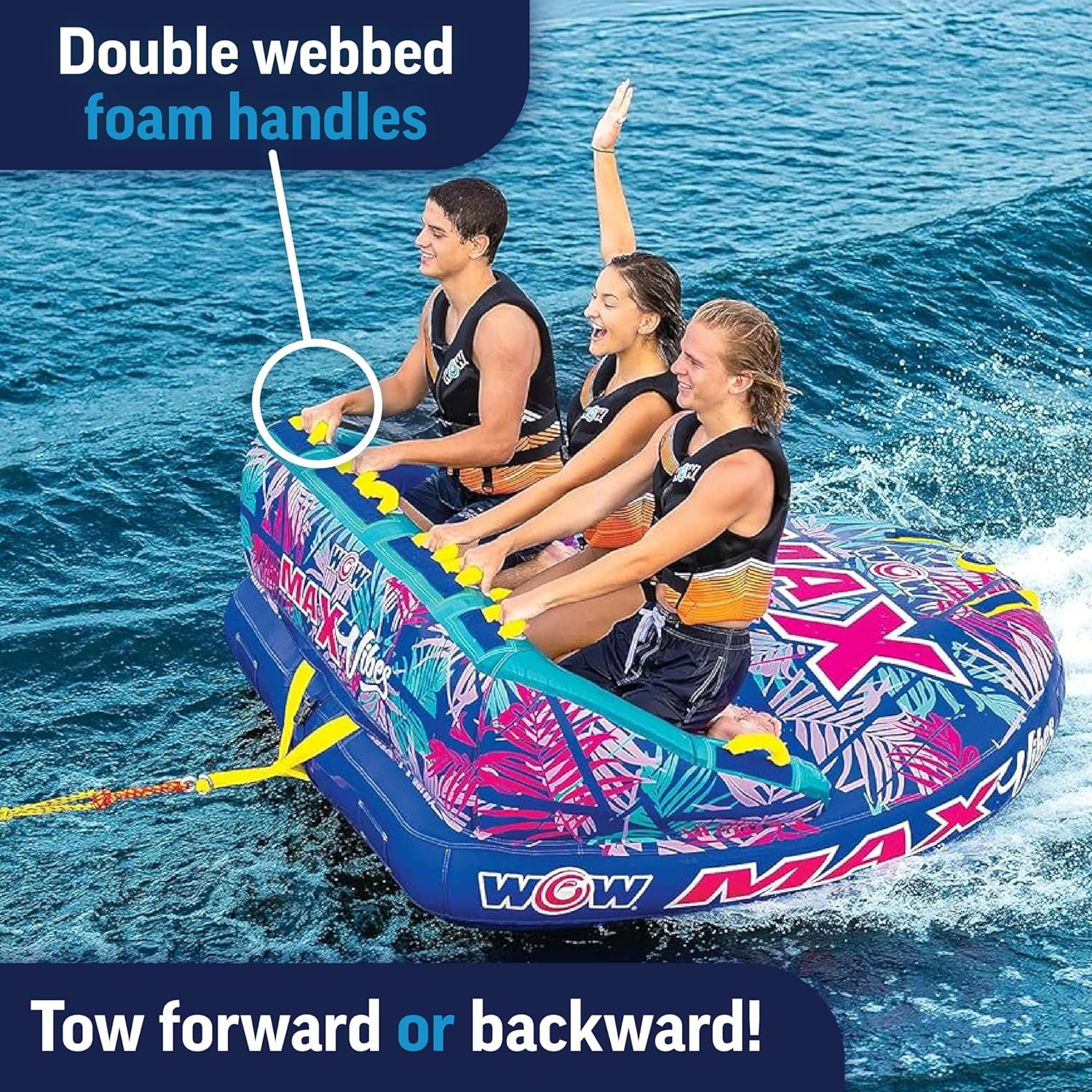 Wow Sports - Max Tropical Inflatable Towable Tube - 1-3 Rider - Perfect for Kids & Adults - Soft Top Deck Tube - Boating Accessory