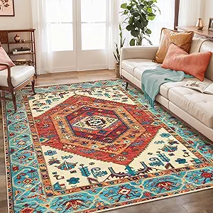 SERISSA Boho Area Rug 5x7 Orange, Washable Large Rugs for Living Room, Ultra Soft Non-Slip Bedroom Rug Print Distressed Vintage Tribal Farmhouse Carpet Rug for Dining Room Dorm Office Home Decor