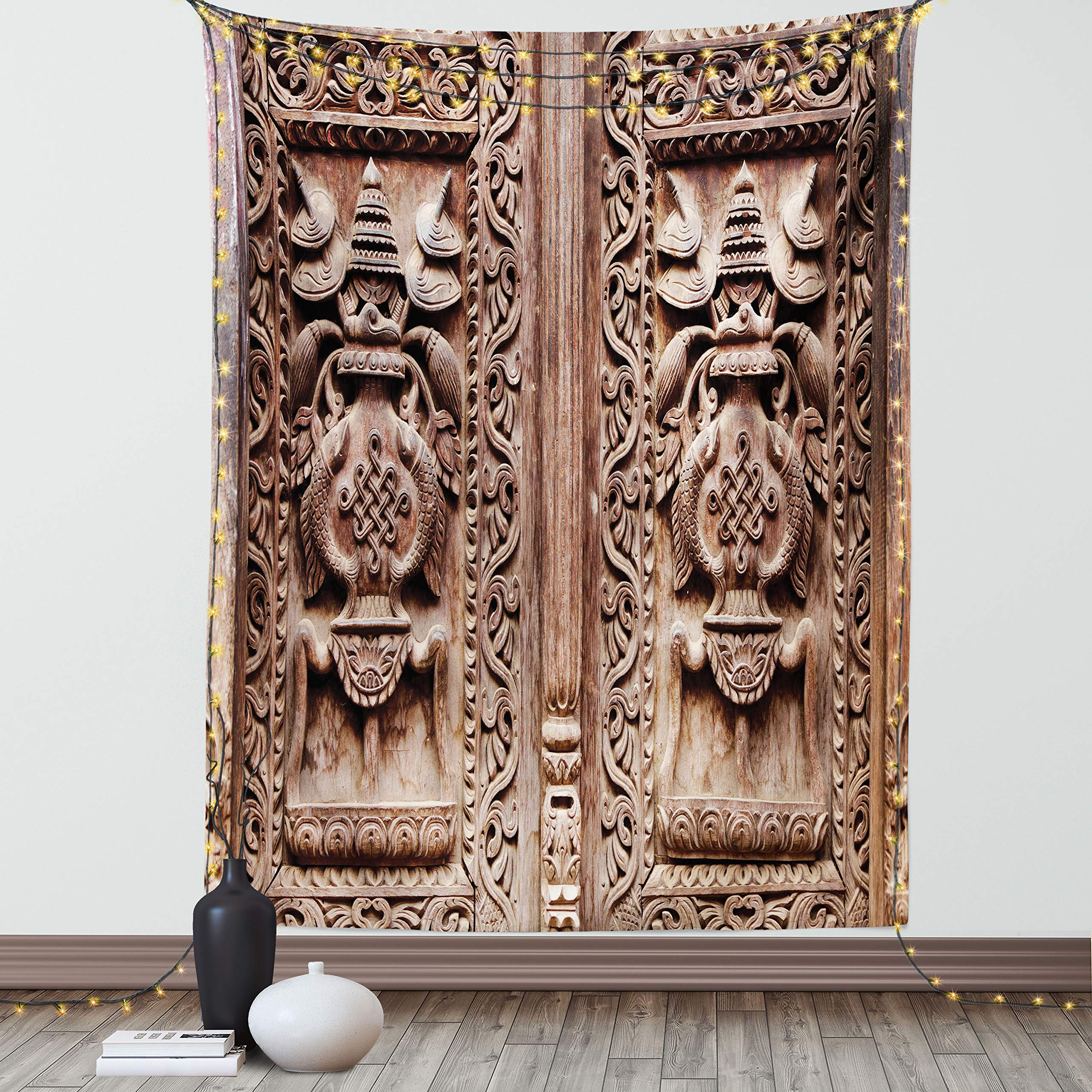 Rustic Decor Tapestry, Wooden Carved Door Detail Kathmandu Indian Mystic  Artful Sculpture Cultural Facade Image Decor, Wall Hanging for Bedroom  Living