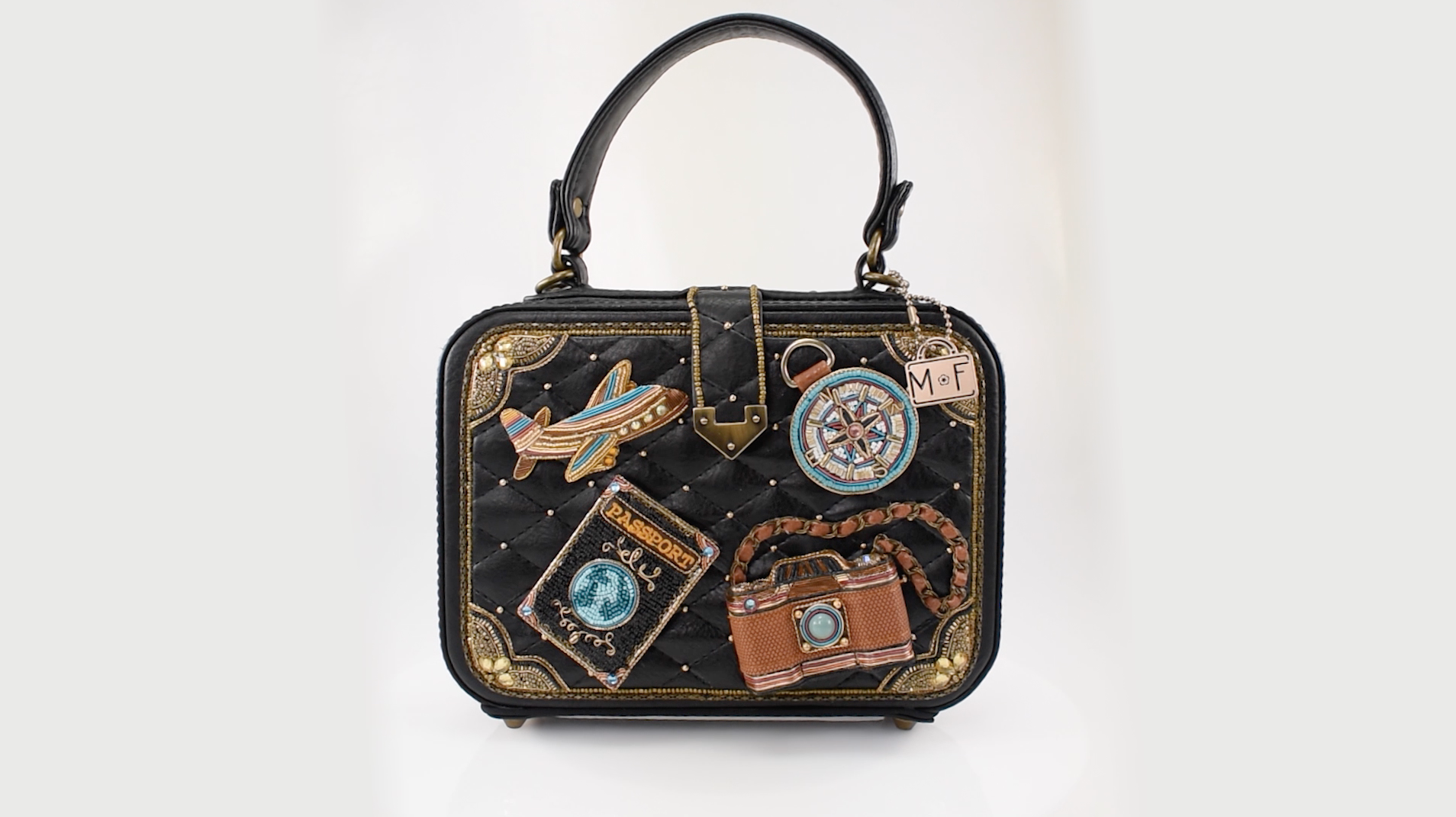 Mary Frances Bucket List Beaded Top Handle Travel Theme Handbag
