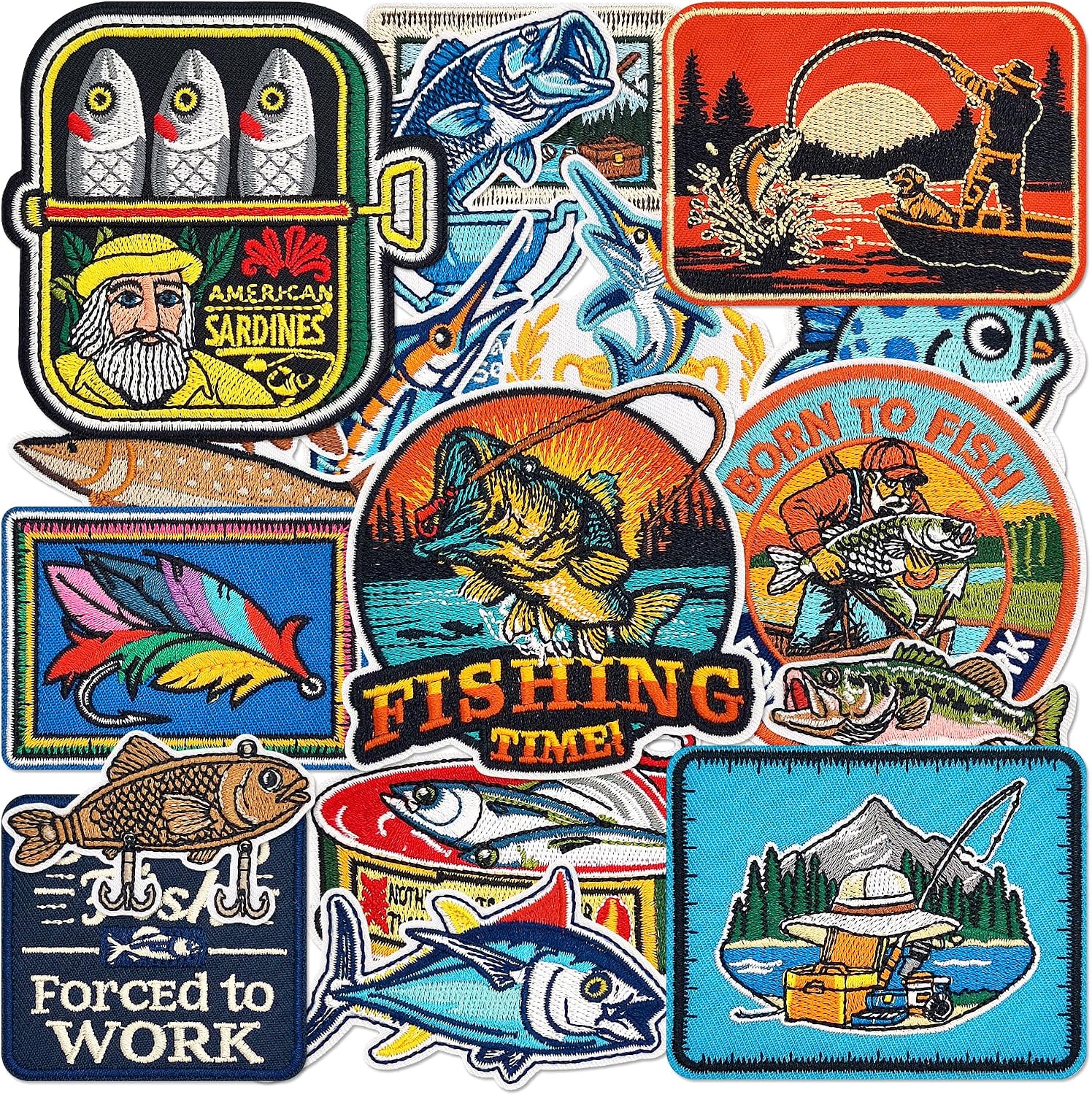 17Pcs Vintage Fishing Iron-On Patches